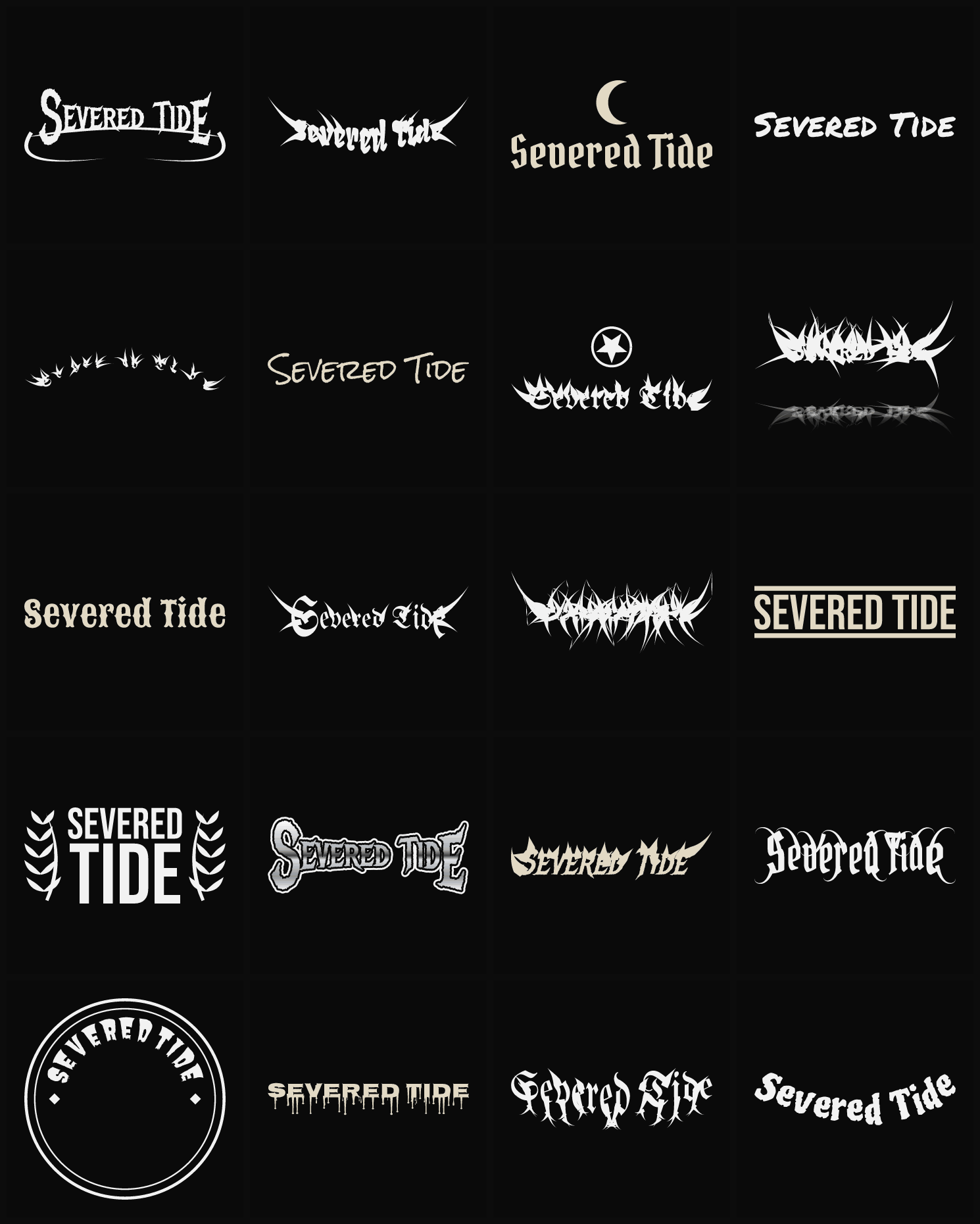 Twenty Severed Tide band logo ideas — different faces, treatments and spike settings
