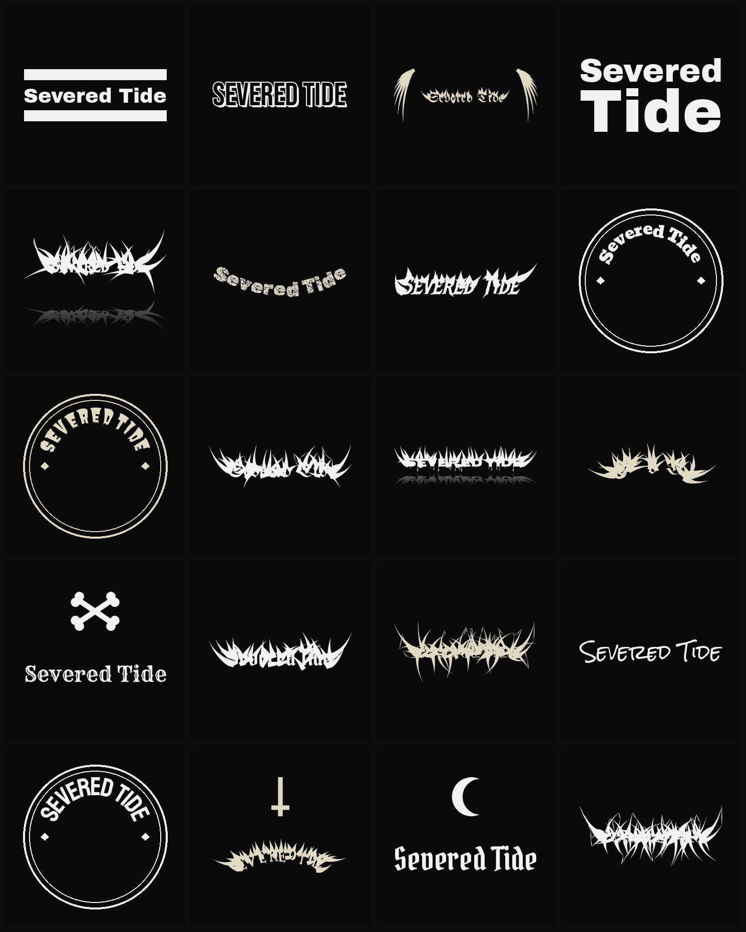 Twenty Severed Tide band logo ideas — different faces, treatments and spike settings