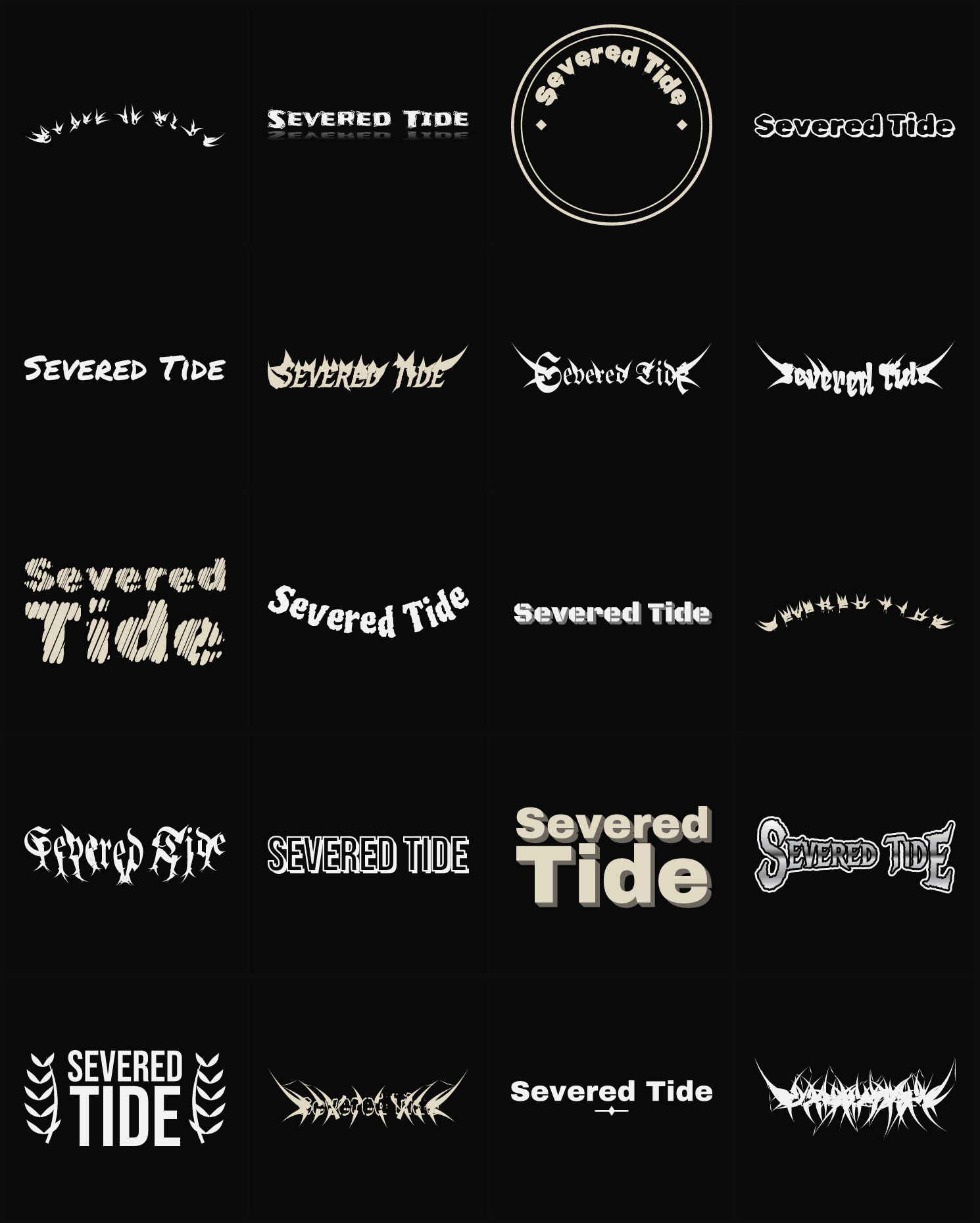 Twenty Severed Tide band logo ideas — different faces, treatments and spike settings