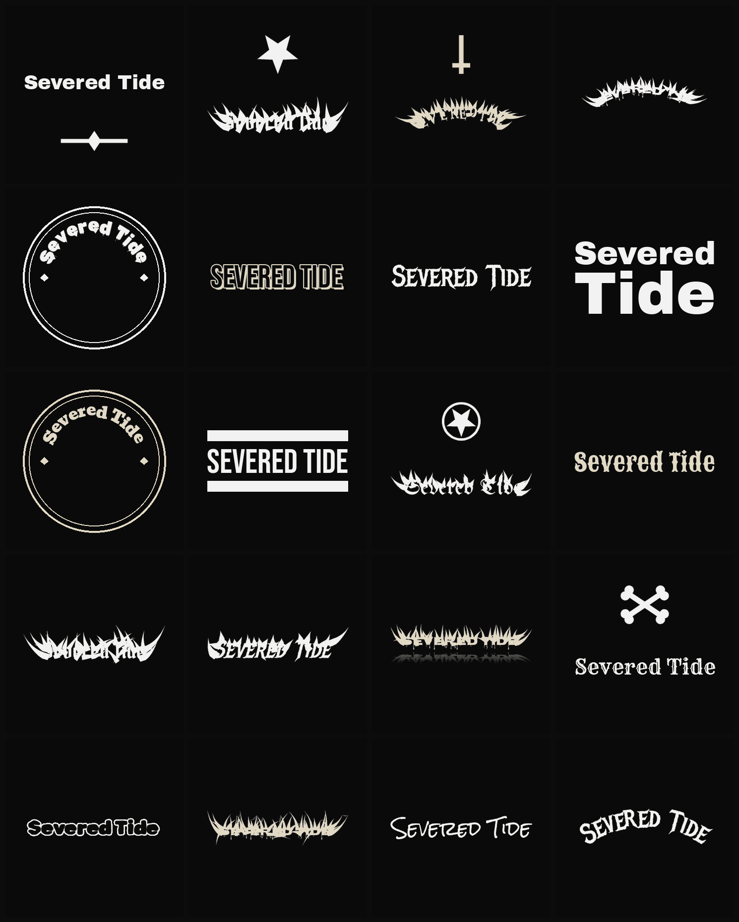Twenty Severed Tide band logo ideas — different faces, treatments and spike settings