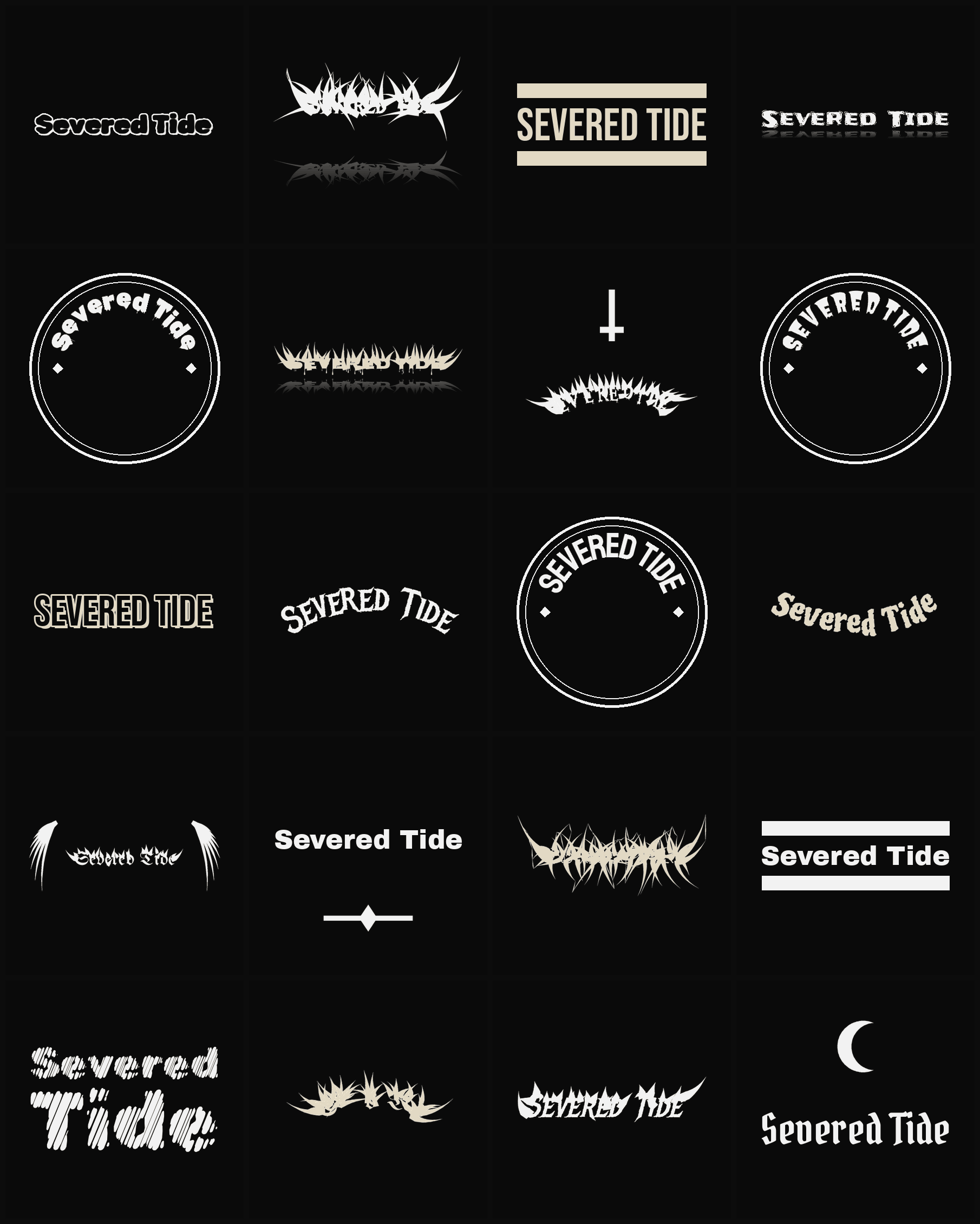 Twenty Severed Tide band logo ideas — different faces, treatments and spike settings