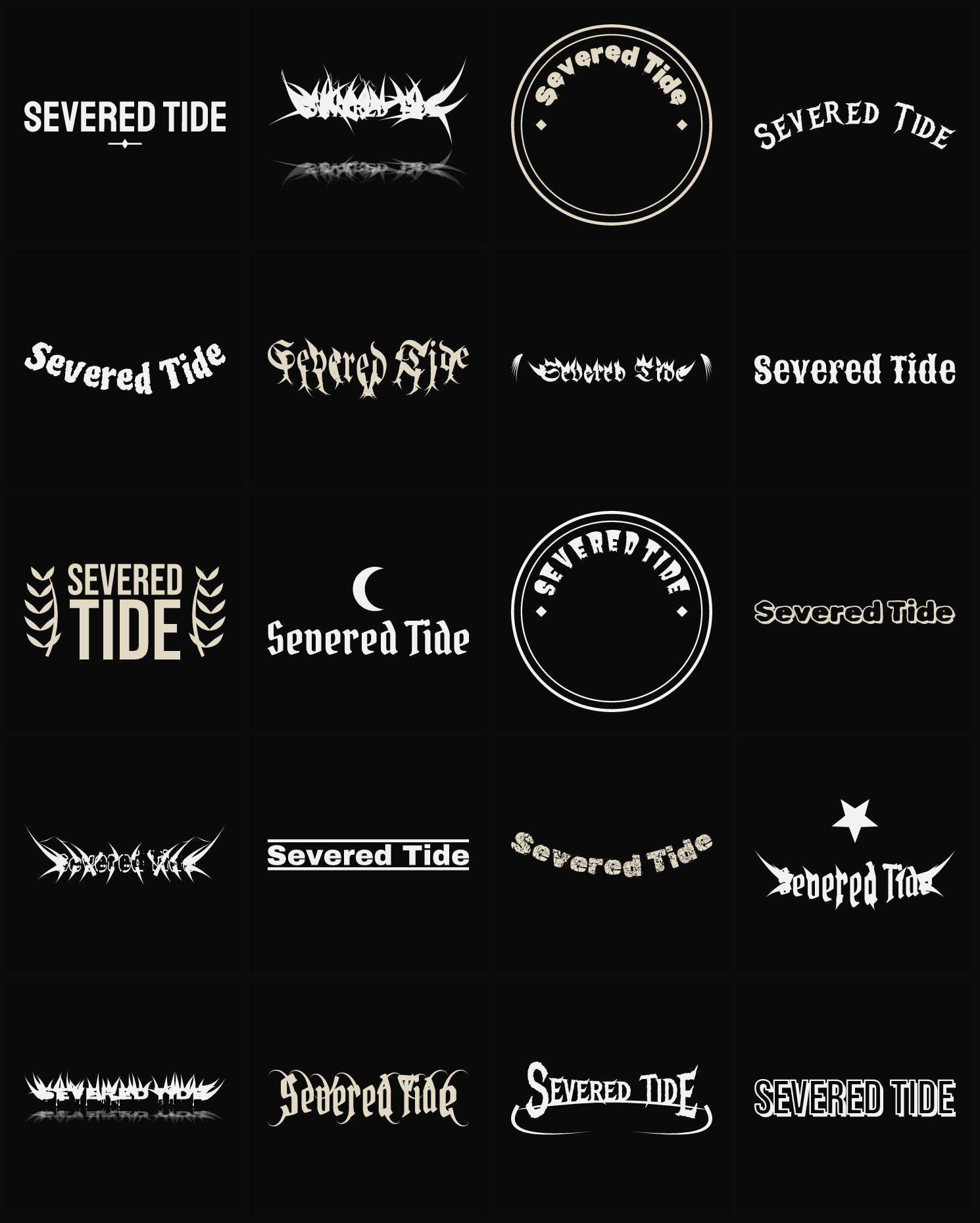 Twenty Severed Tide band logo ideas — different faces, treatments and spike settings
