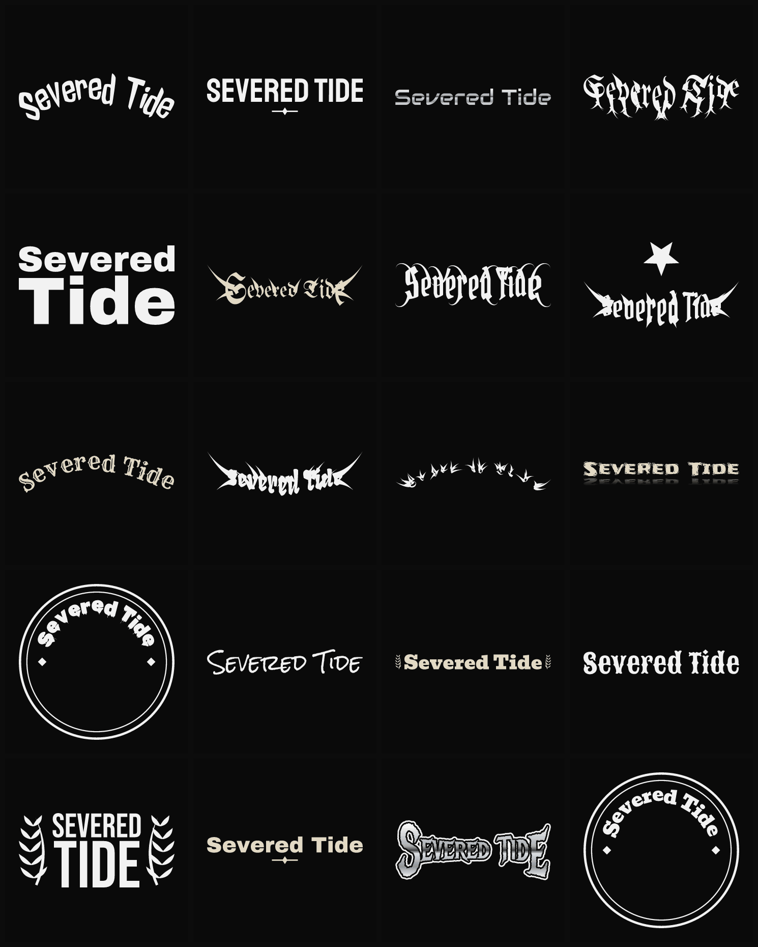 Twenty Severed Tide band logo ideas — different faces, treatments and spike settings
