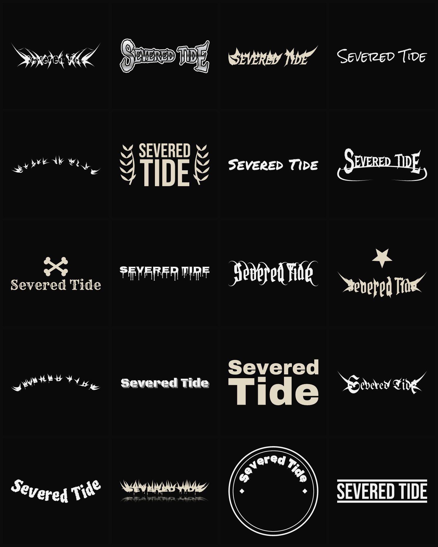 Twenty Severed Tide band logo ideas — different faces, treatments and spike settings