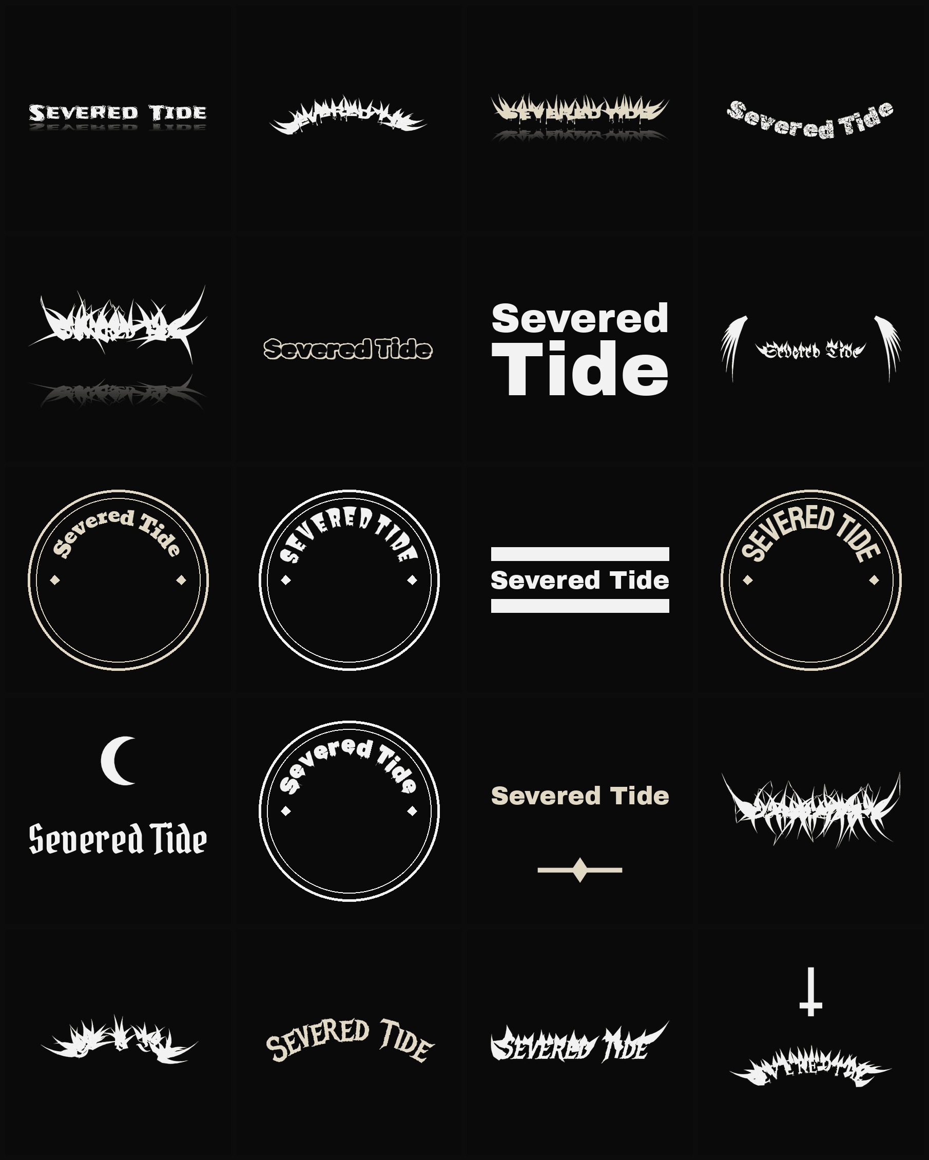 Twenty Severed Tide band logo ideas — different faces, treatments and spike settings