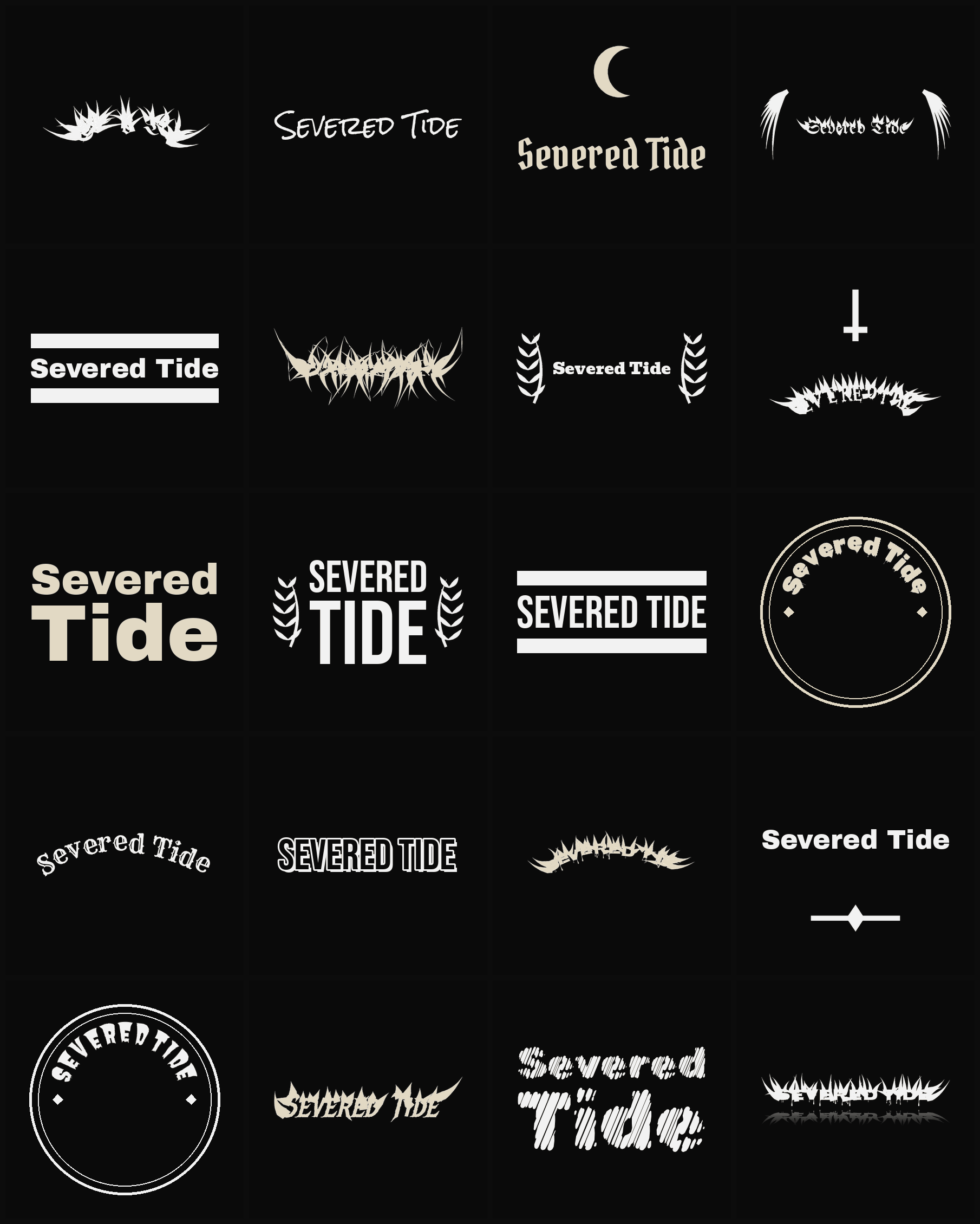 Twenty Severed Tide band logo ideas — different faces, treatments and spike settings