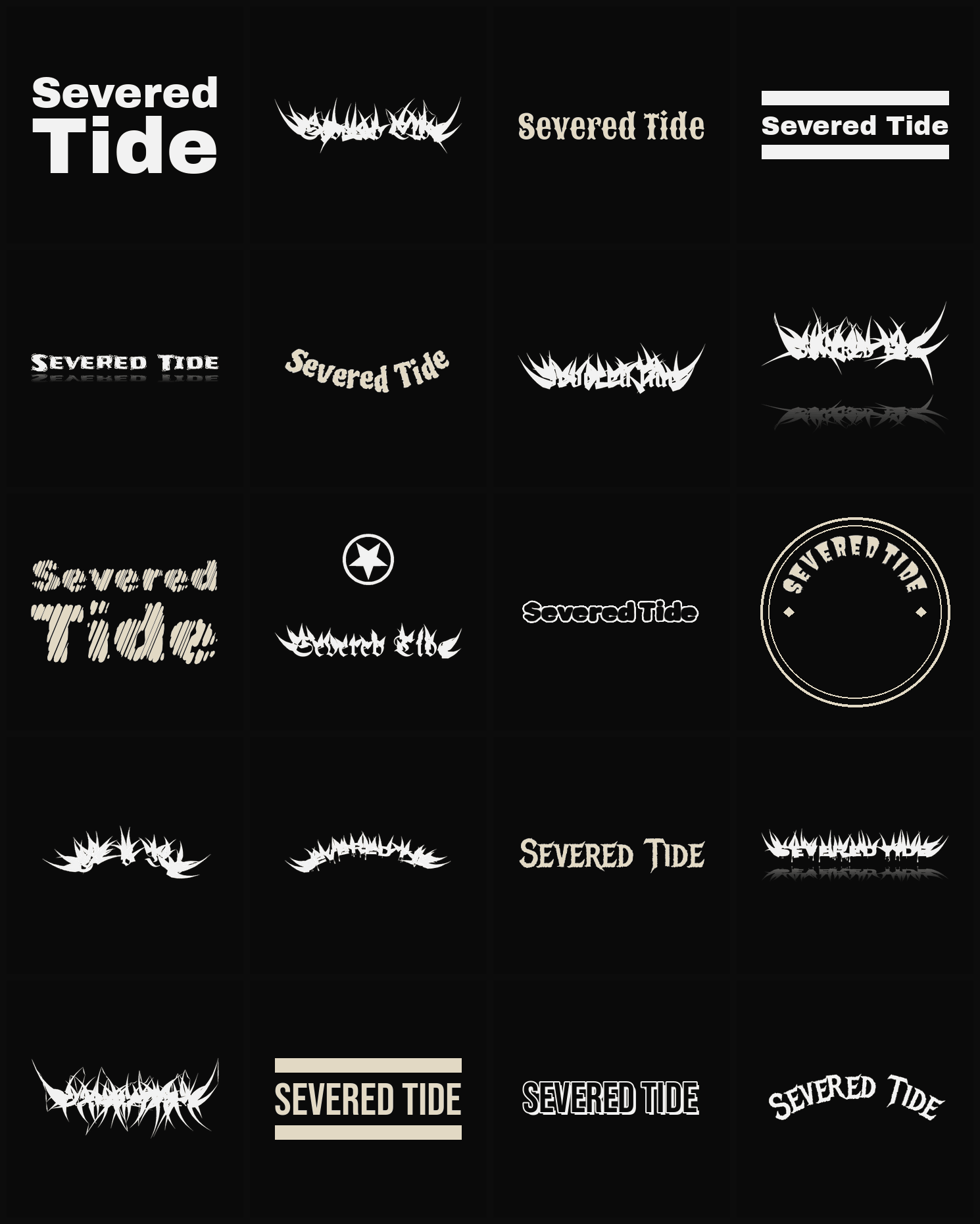 Twenty Severed Tide band logo ideas — different faces, treatments and spike settings