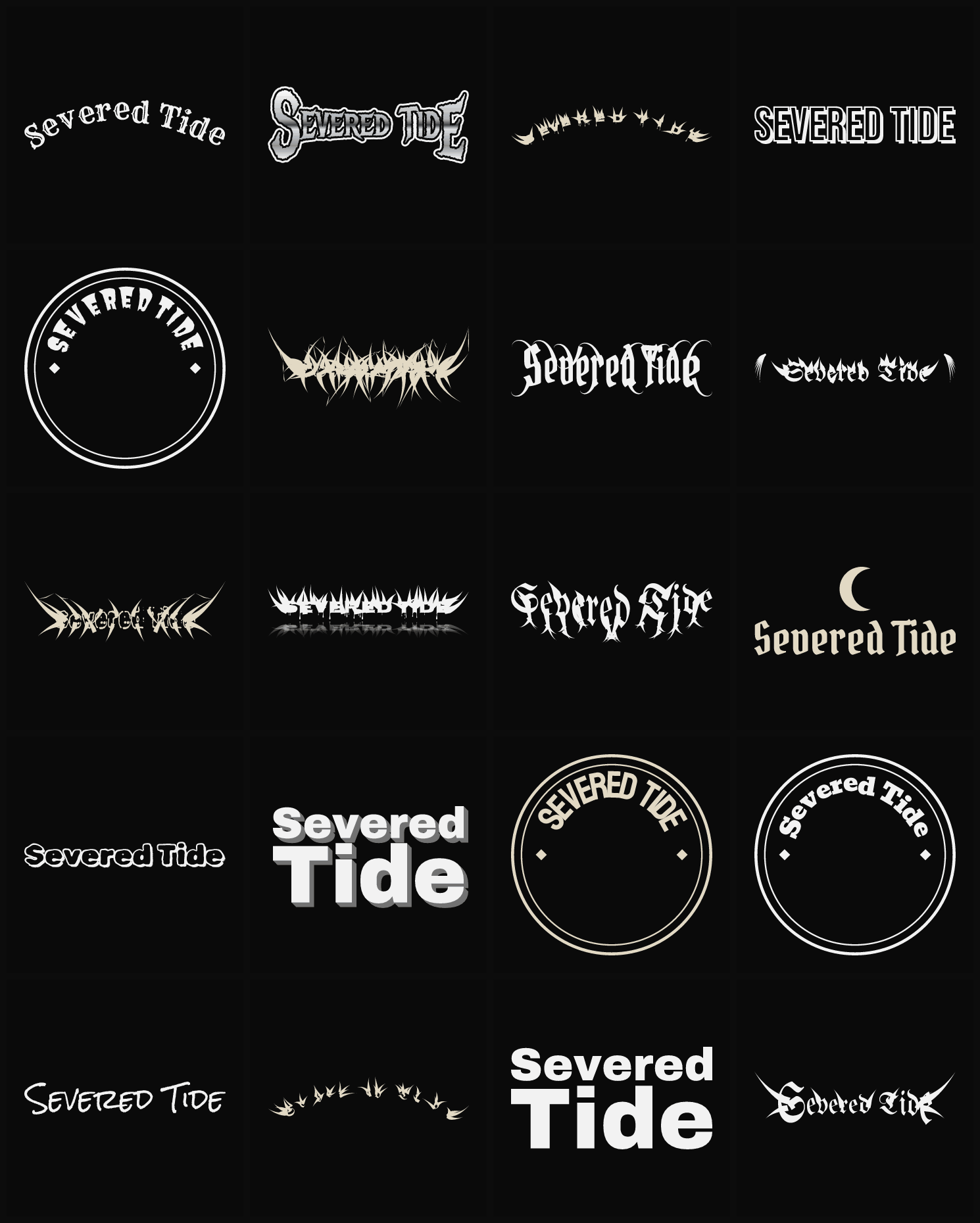 Twenty Severed Tide band logo ideas — different faces, treatments and spike settings