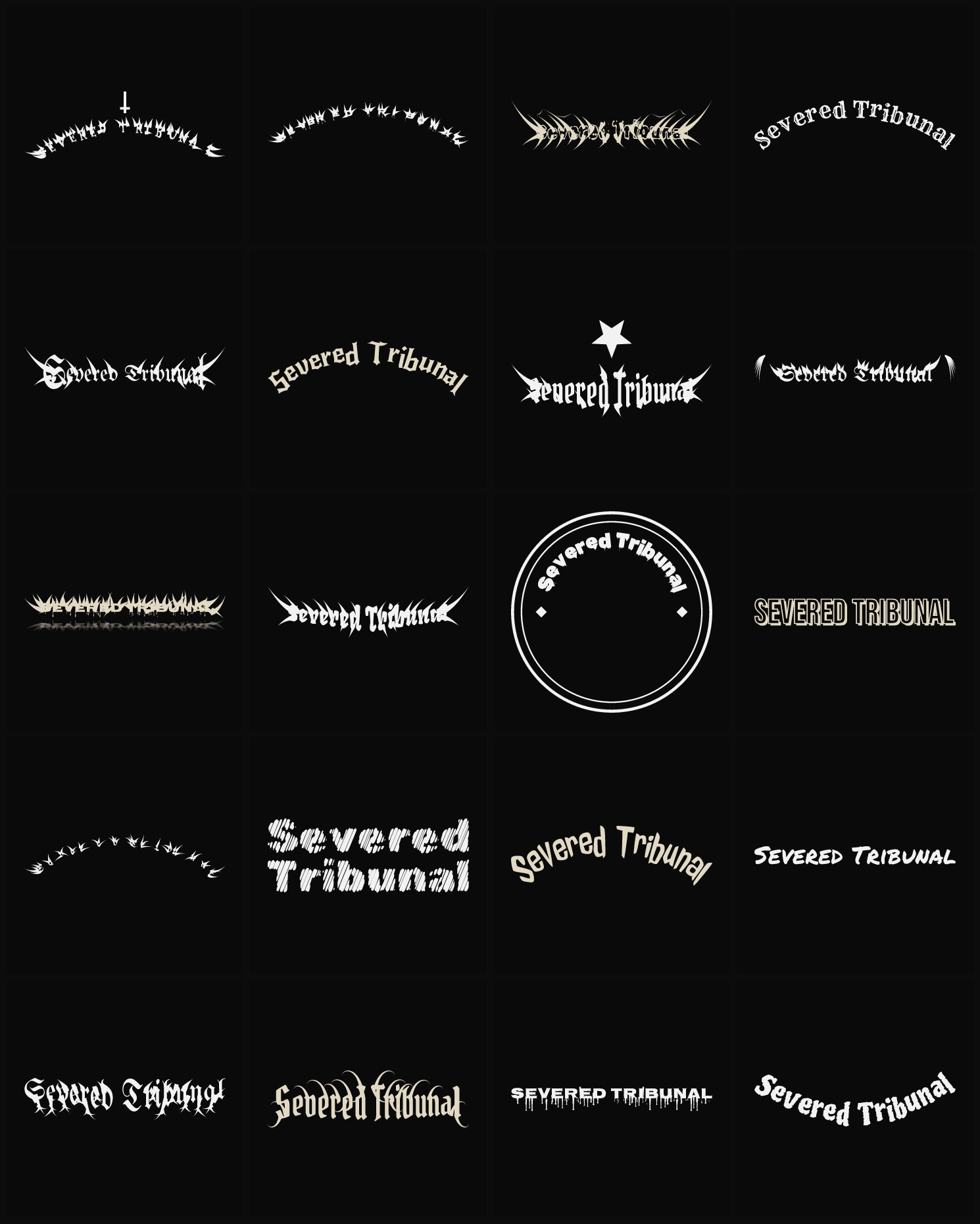 Twenty Severed Tribunal band logo ideas — different faces, treatments and spike settings
