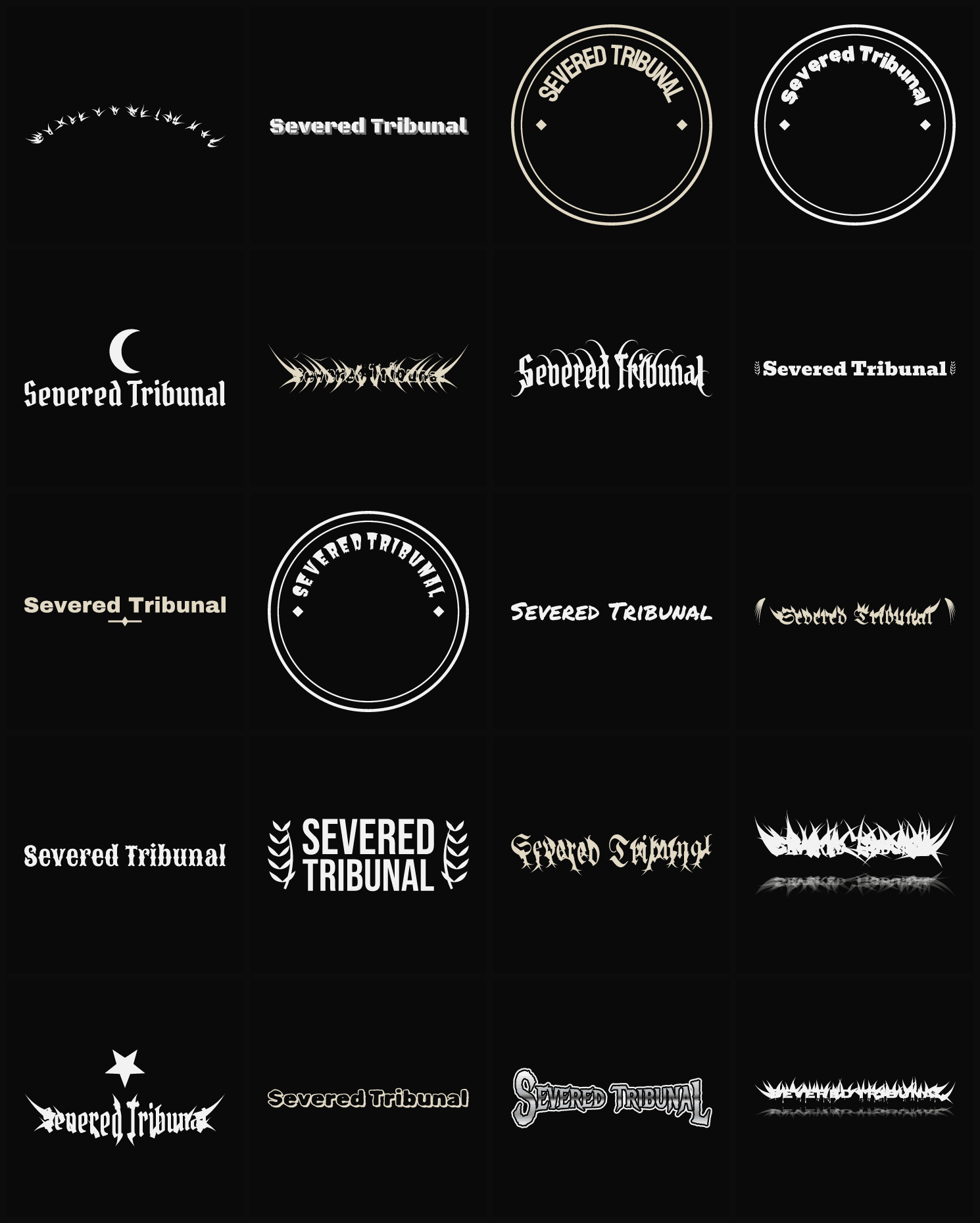 Twenty Severed Tribunal band logo ideas — different faces, treatments and spike settings