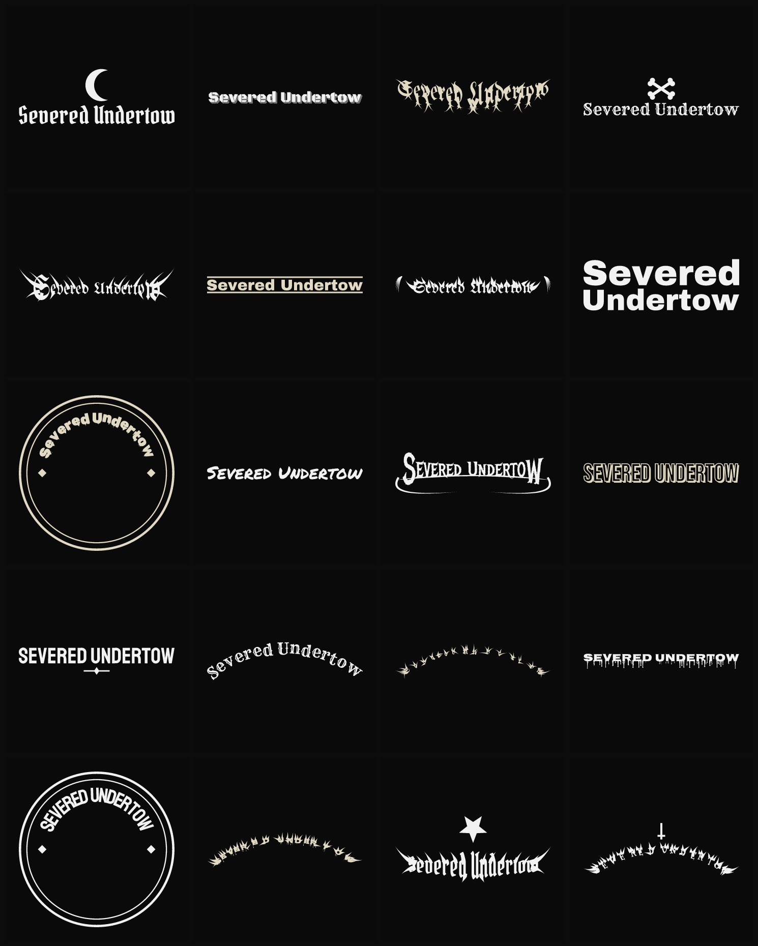 Twenty Severed Undertow band logo ideas — different faces, treatments and spike settings