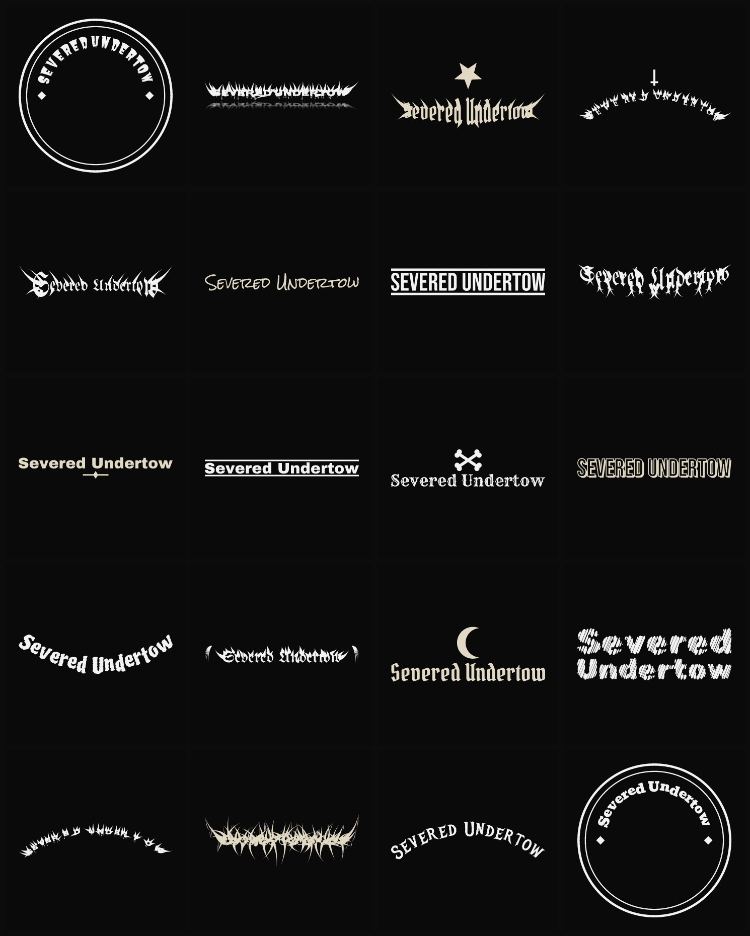 Twenty Severed Undertow band logo ideas — different faces, treatments and spike settings