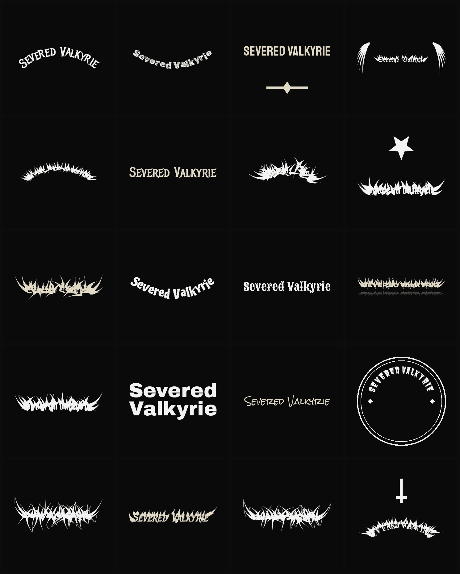 Twenty Severed Valkyrie band logo ideas — different faces, treatments and spike settings