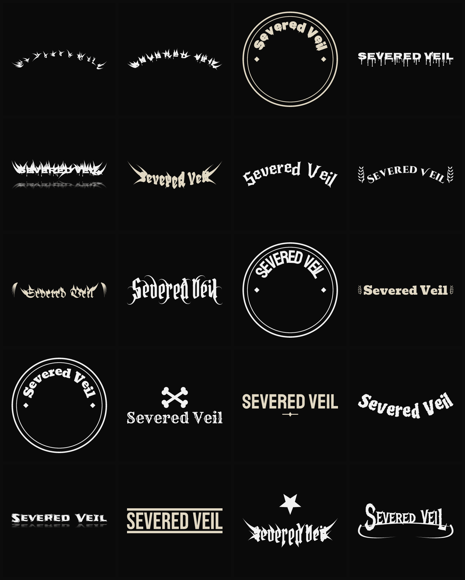 Twenty Severed Veil band logo ideas — different faces, treatments and spike settings