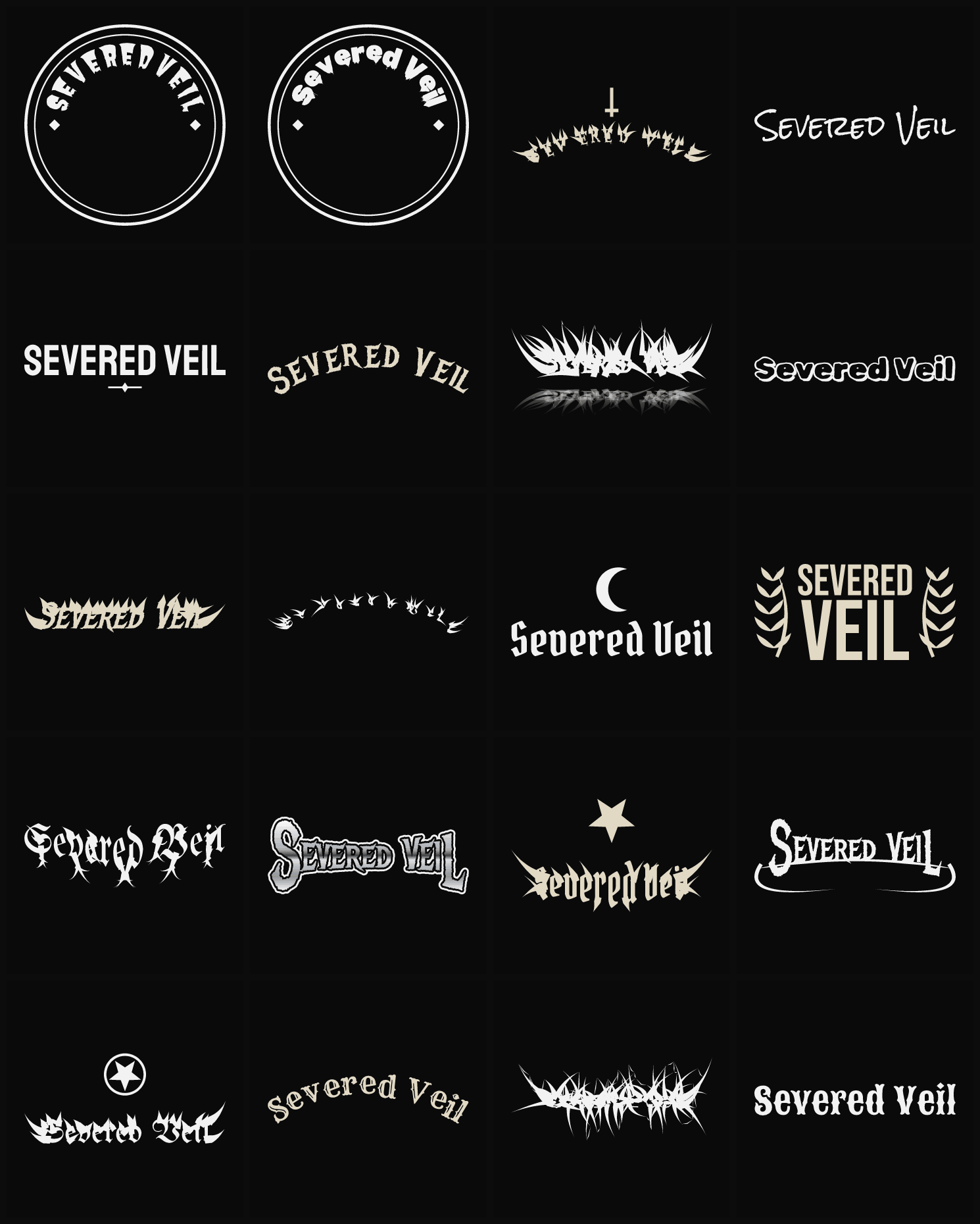 Twenty Severed Veil band logo ideas — different faces, treatments and spike settings