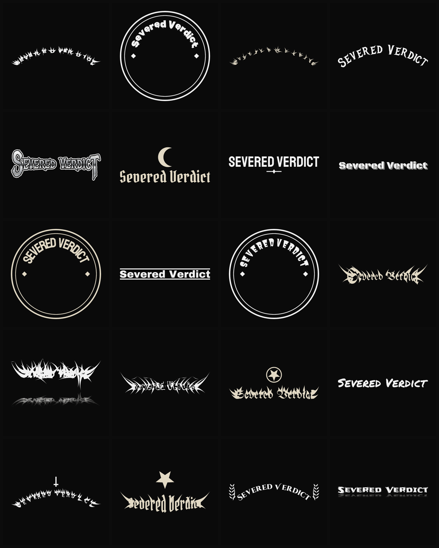 Twenty Severed Verdict band logo ideas — different faces, treatments and spike settings