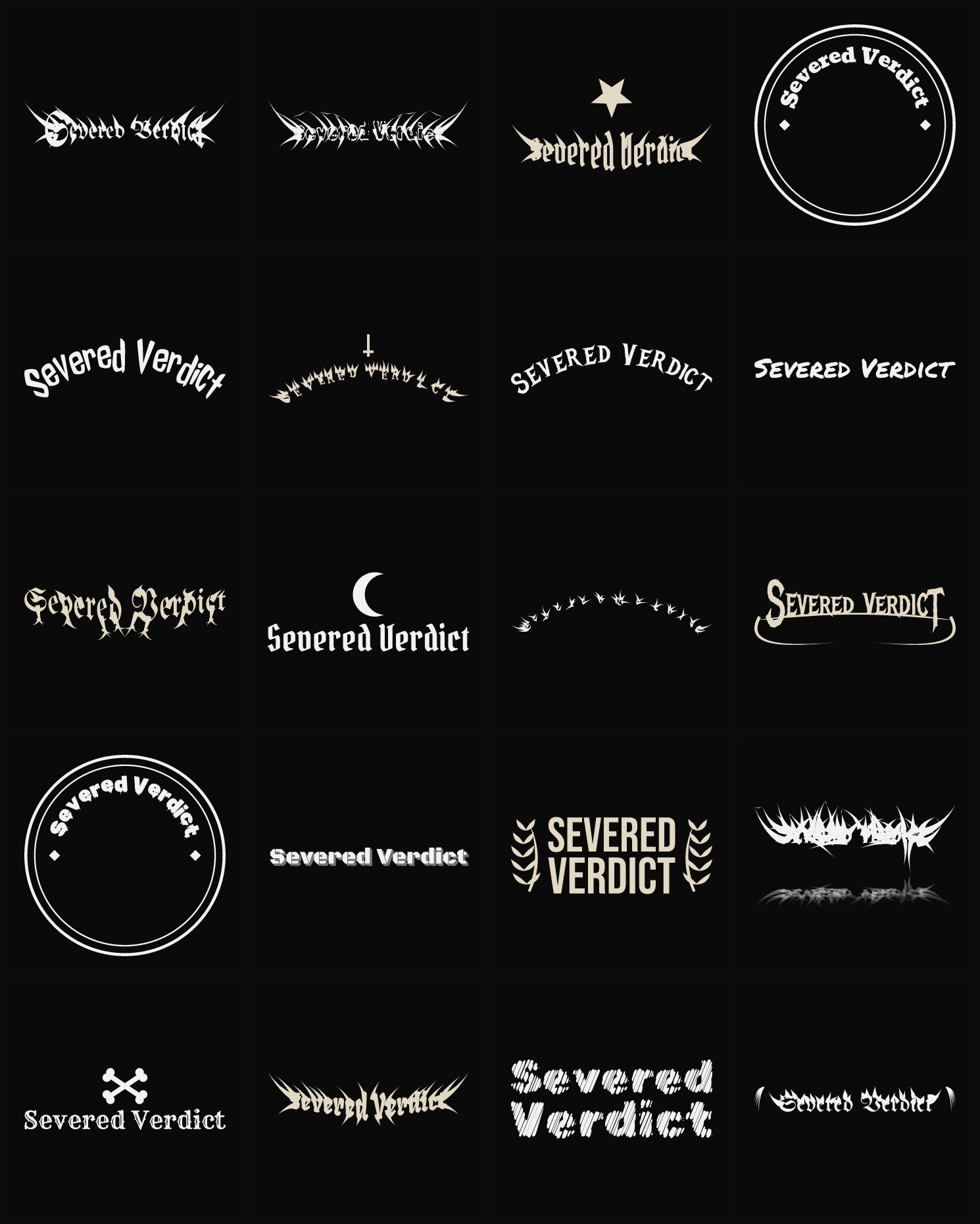 Twenty Severed Verdict band logo ideas — different faces, treatments and spike settings