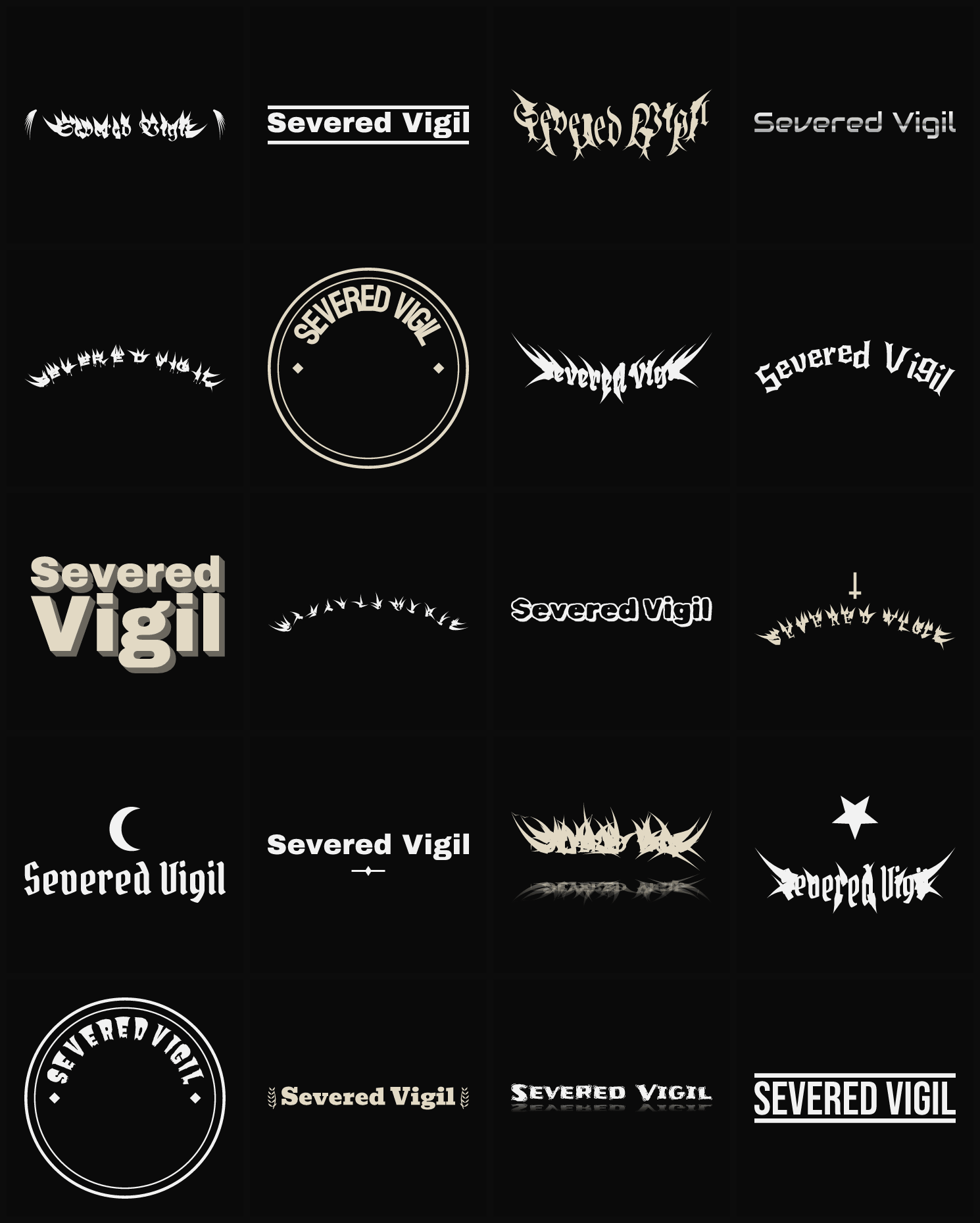 Twenty Severed Vigil band logo ideas — different faces, treatments and spike settings