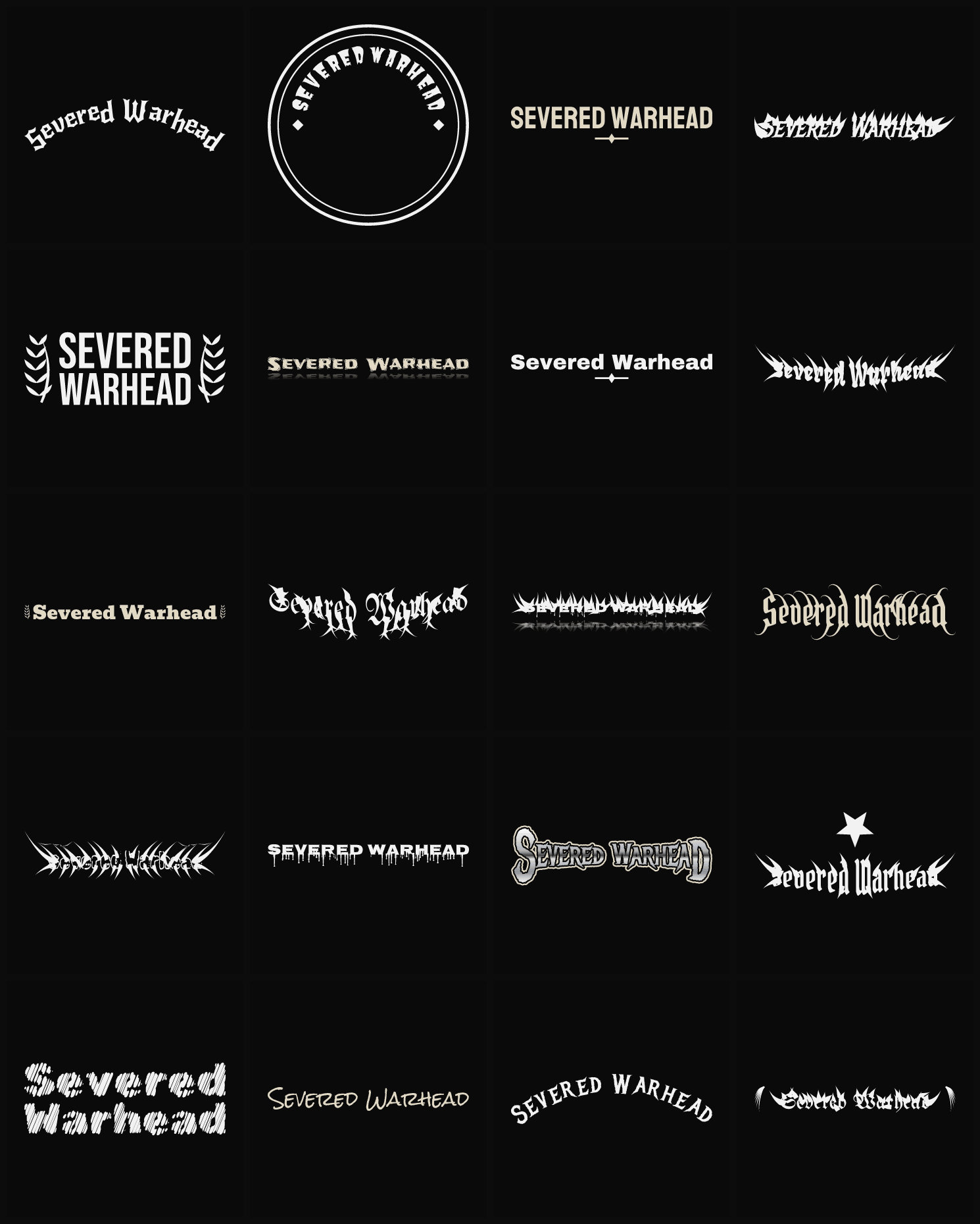 Twenty Severed Warhead band logo ideas — different faces, treatments and spike settings