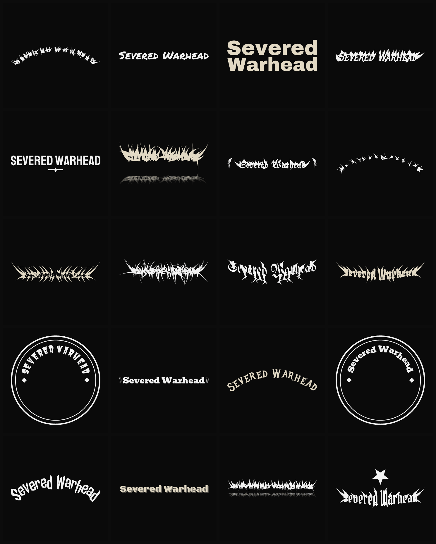 Twenty Severed Warhead band logo ideas — different faces, treatments and spike settings