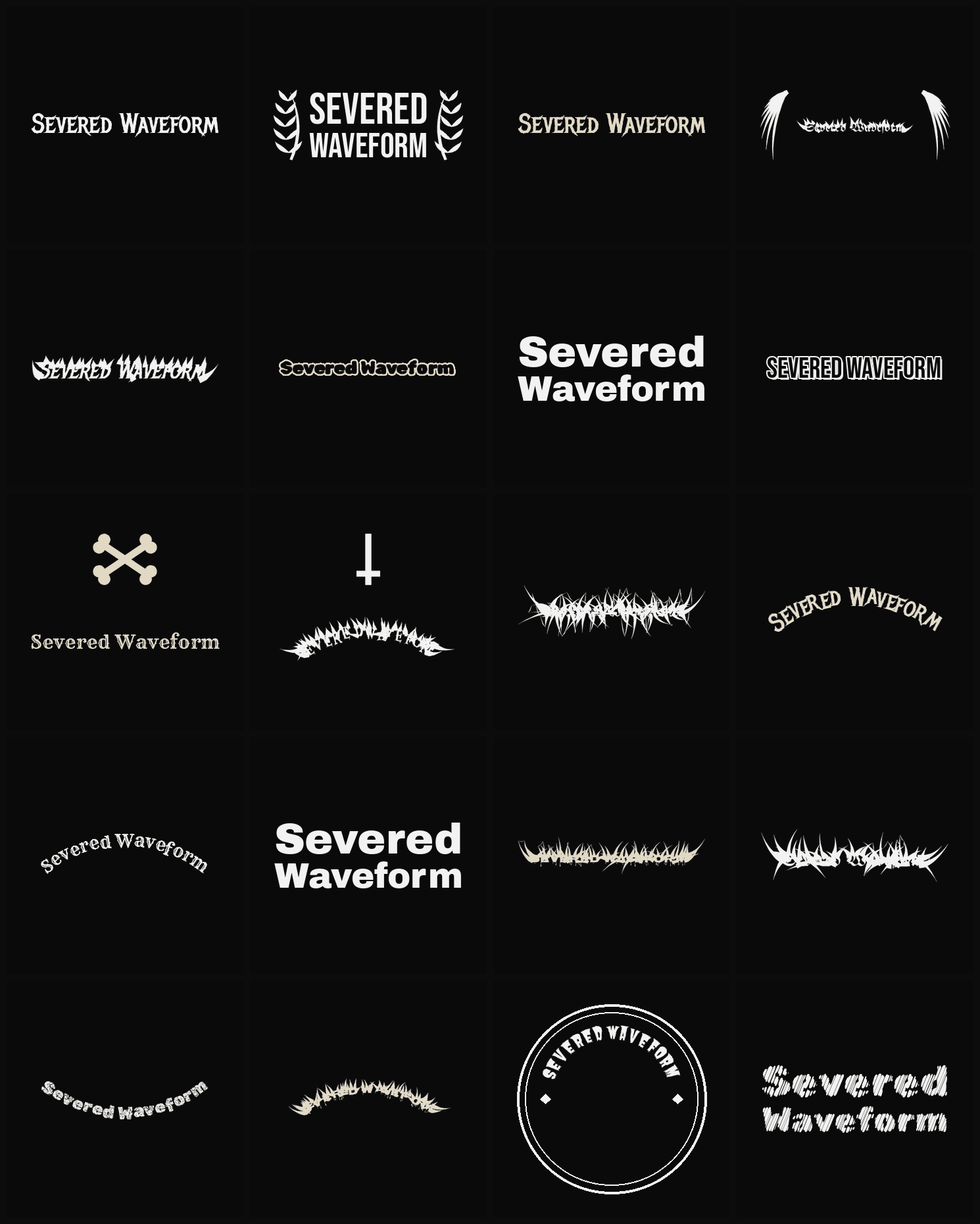 Twenty Severed Waveform band logo ideas — different faces, treatments and spike settings