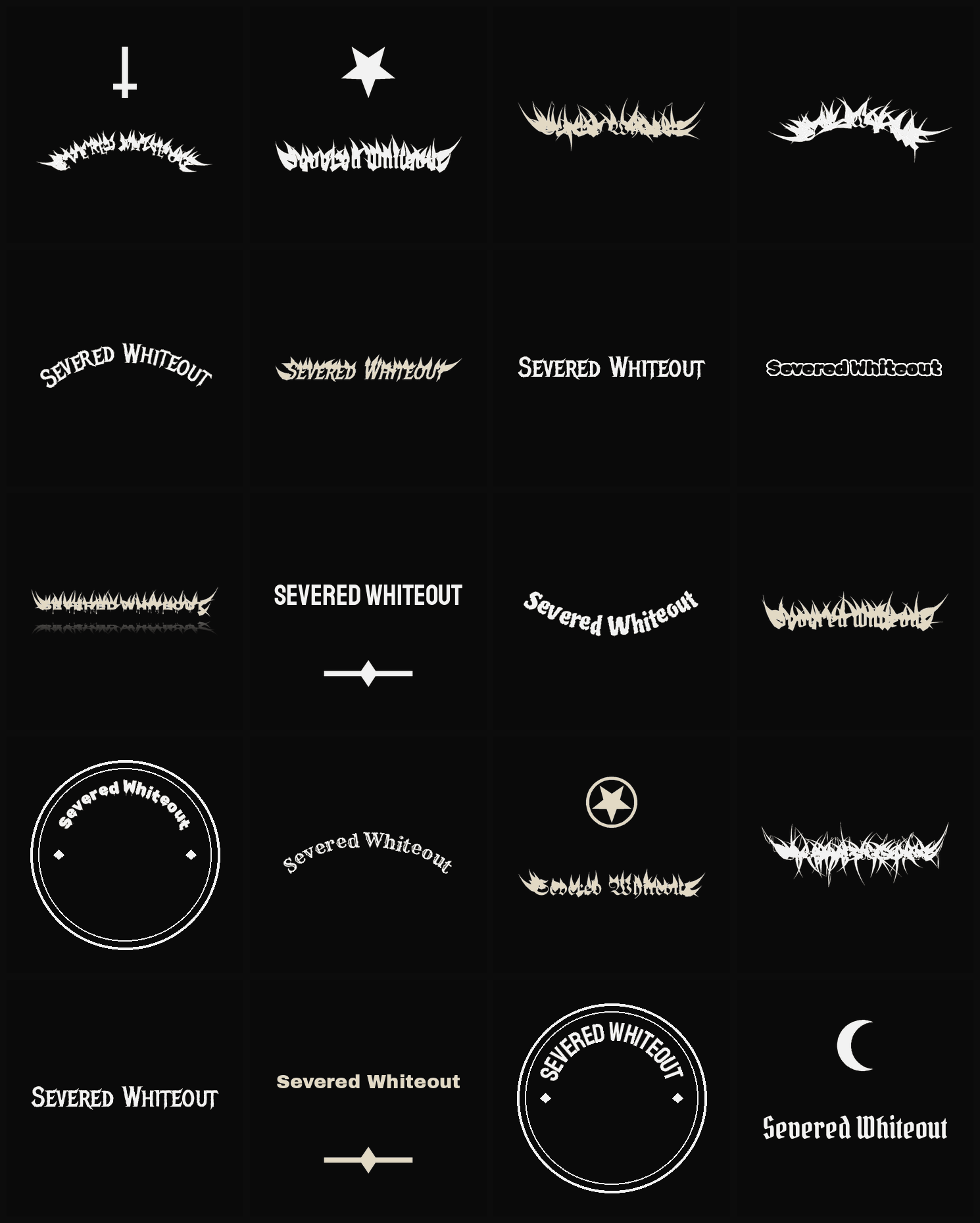 Twenty Severed Whiteout band logo ideas — different faces, treatments and spike settings