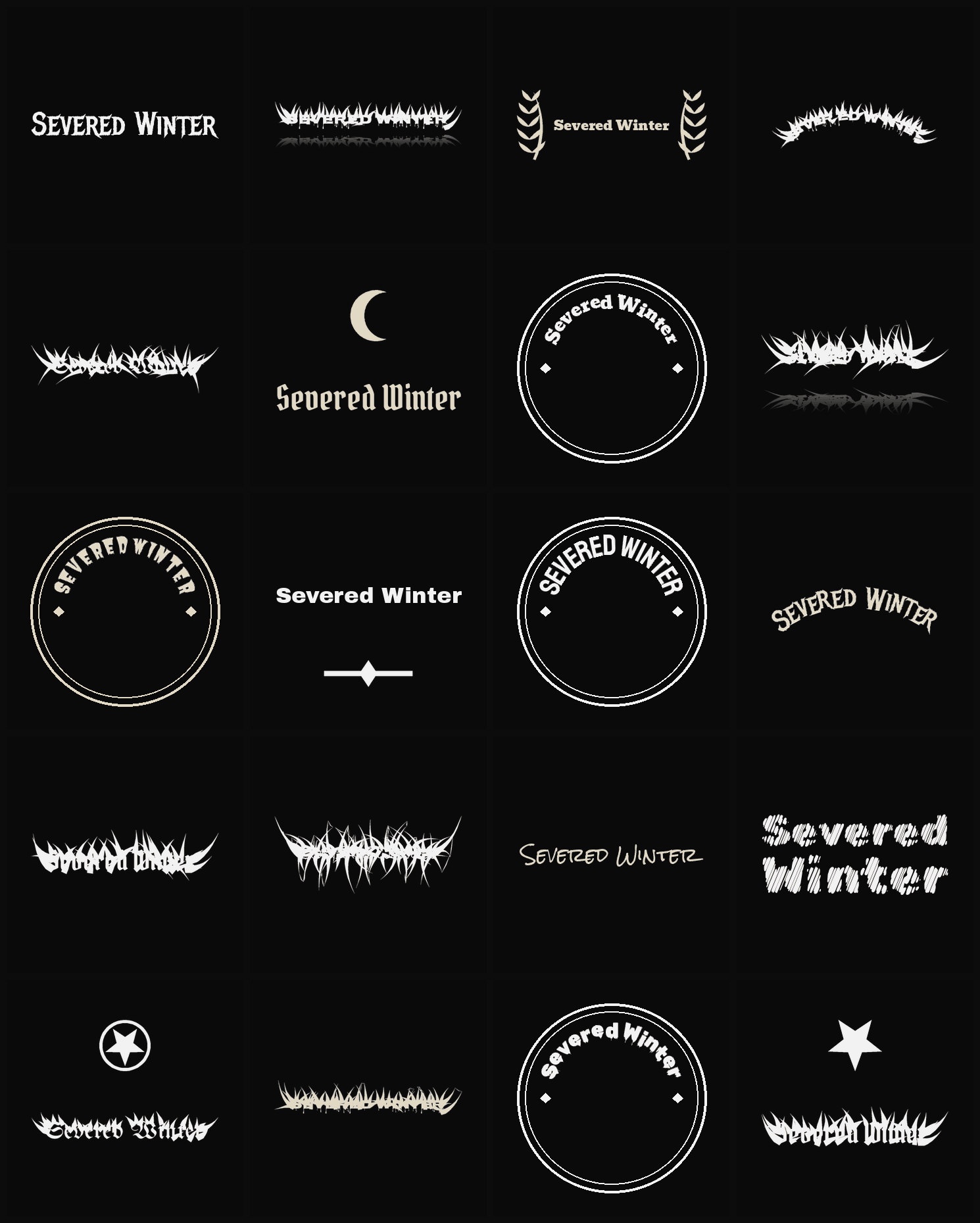 Twenty Severed Winter band logo ideas — different faces, treatments and spike settings