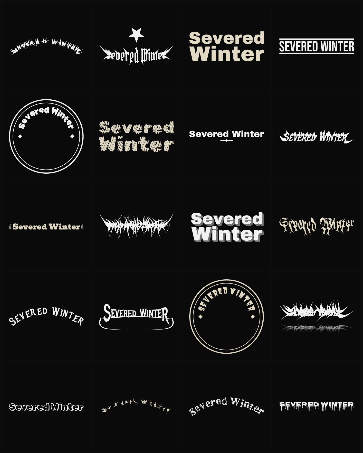 Twenty Severed Winter band logo ideas — different faces, treatments and spike settings