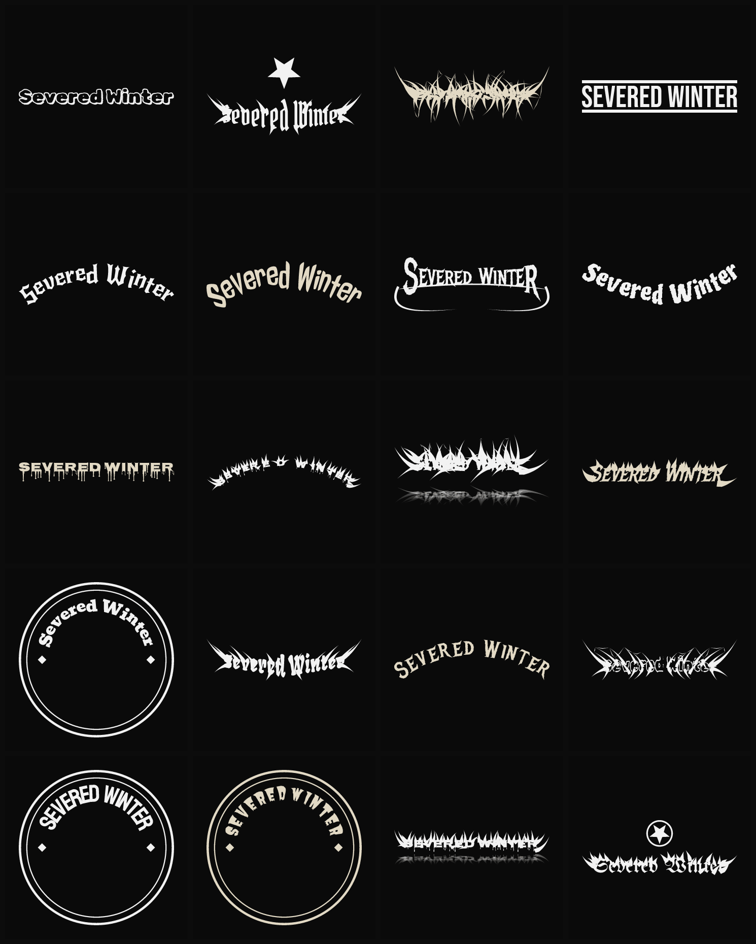 Twenty Severed Winter band logo ideas — different faces, treatments and spike settings