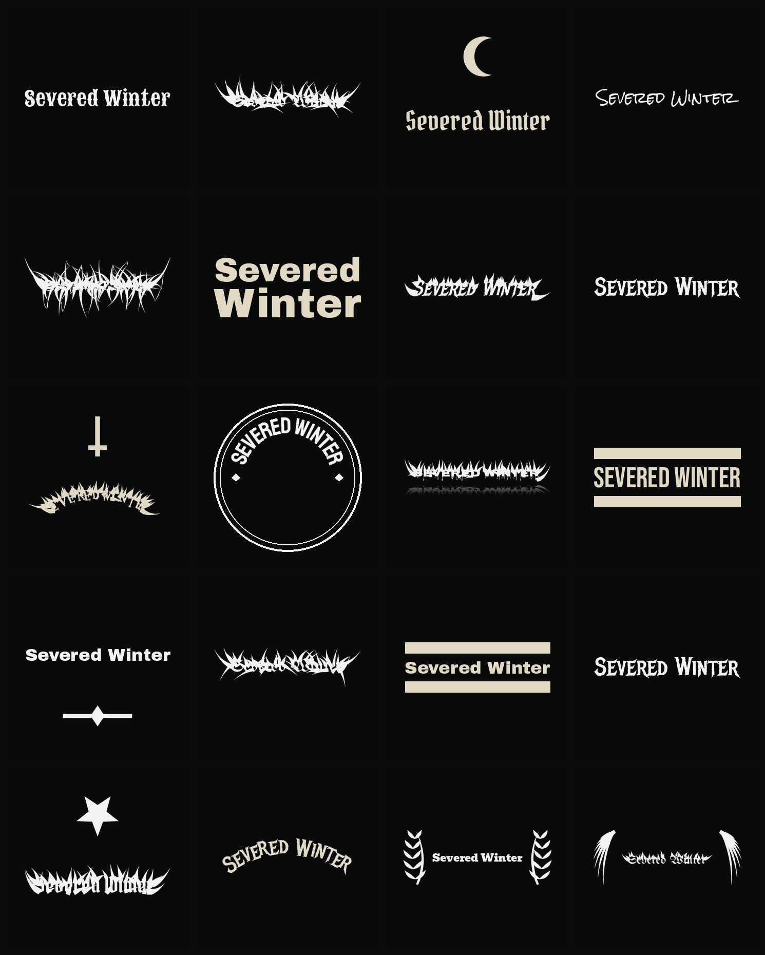 Twenty Severed Winter band logo ideas — different faces, treatments and spike settings