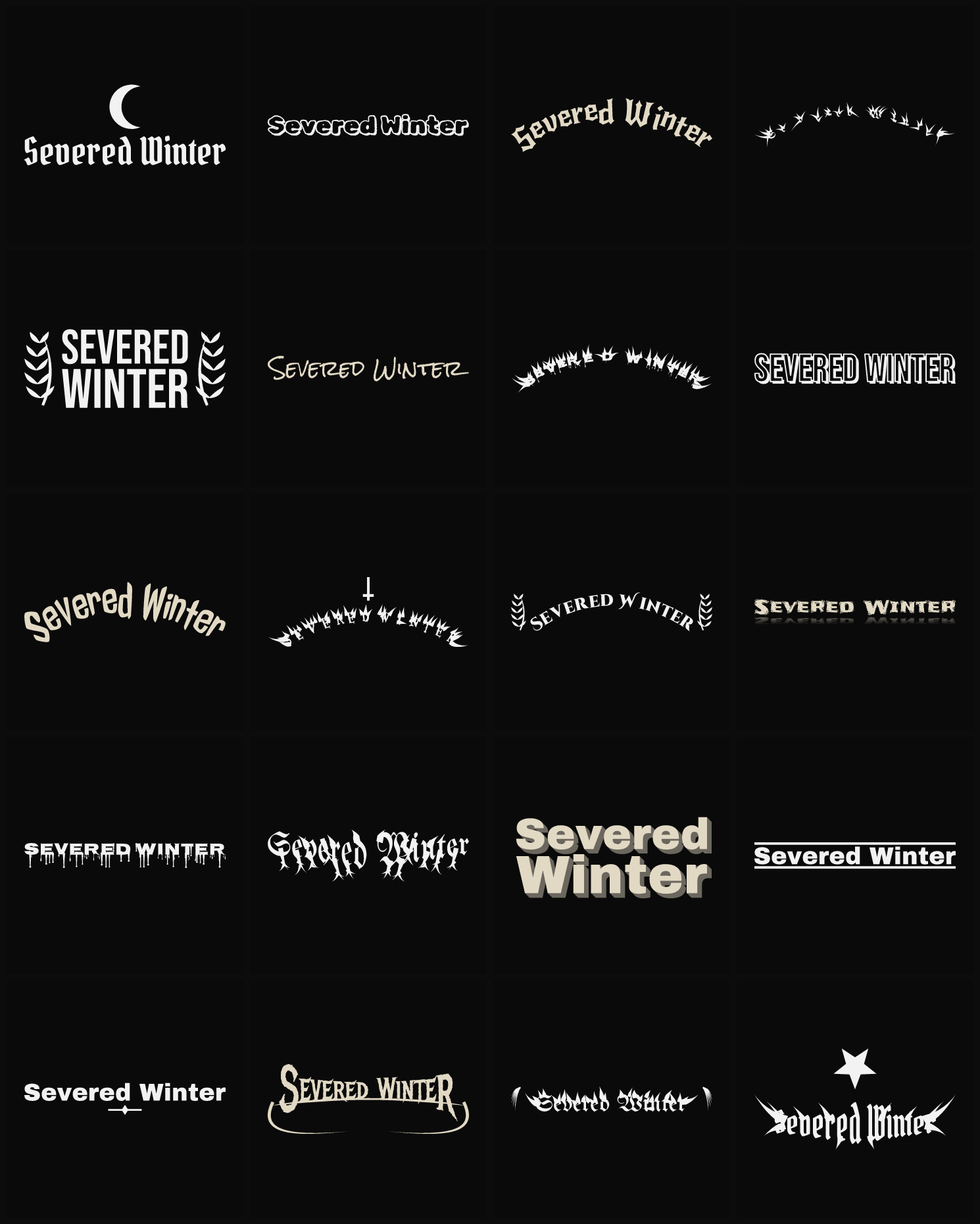 Twenty Severed Winter band logo ideas — different faces, treatments and spike settings