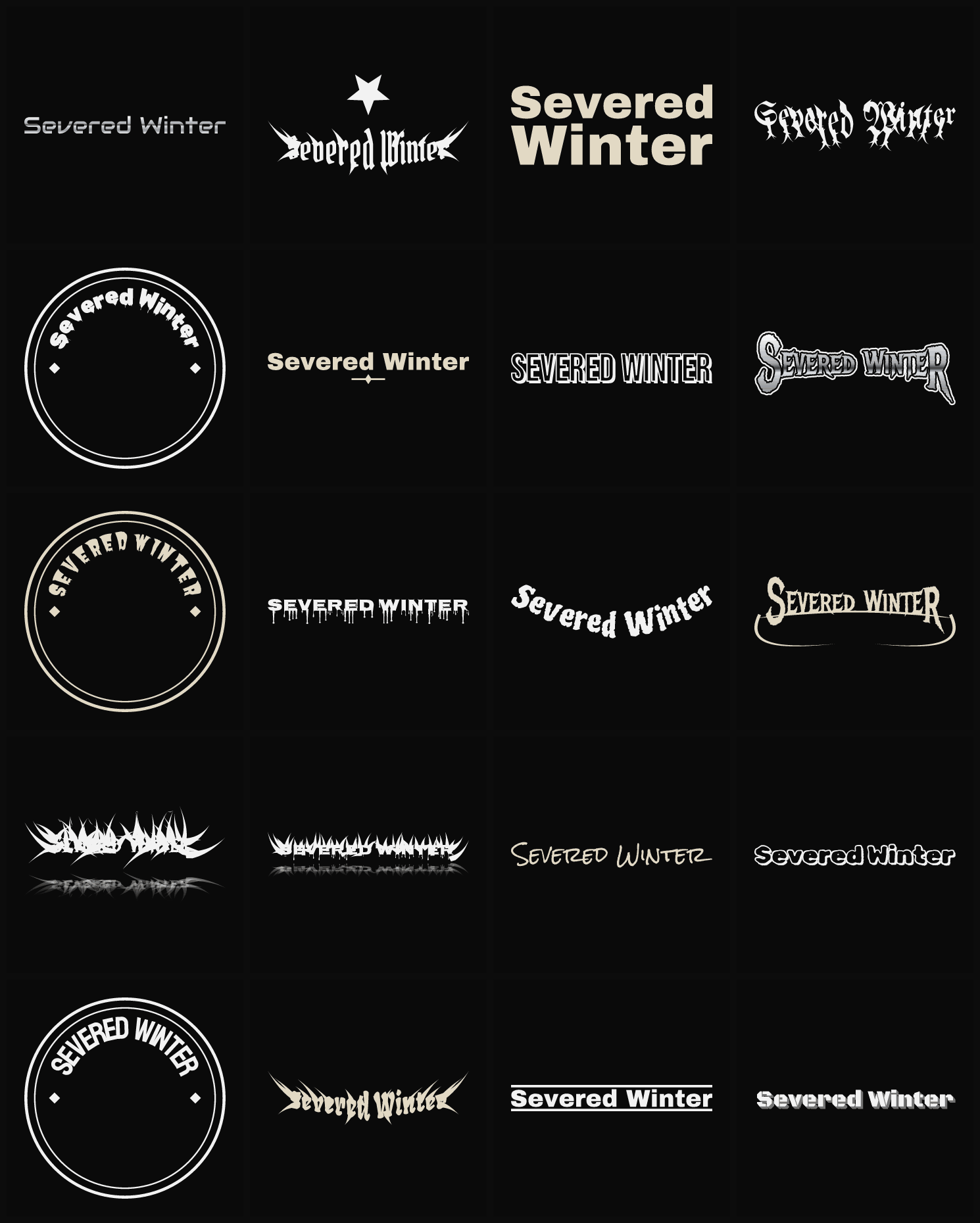Twenty Severed Winter band logo ideas — different faces, treatments and spike settings