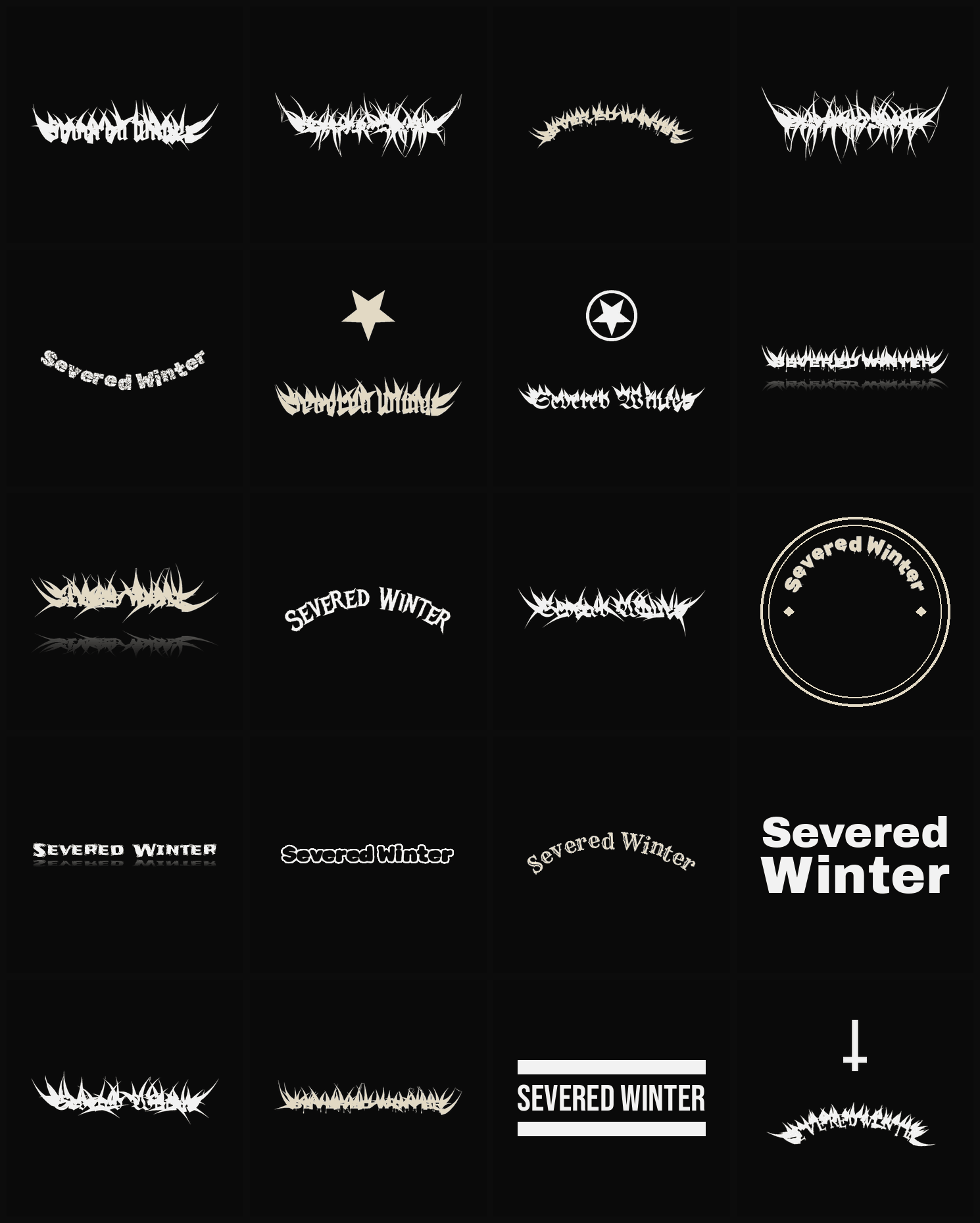 Twenty Severed Winter band logo ideas — different faces, treatments and spike settings