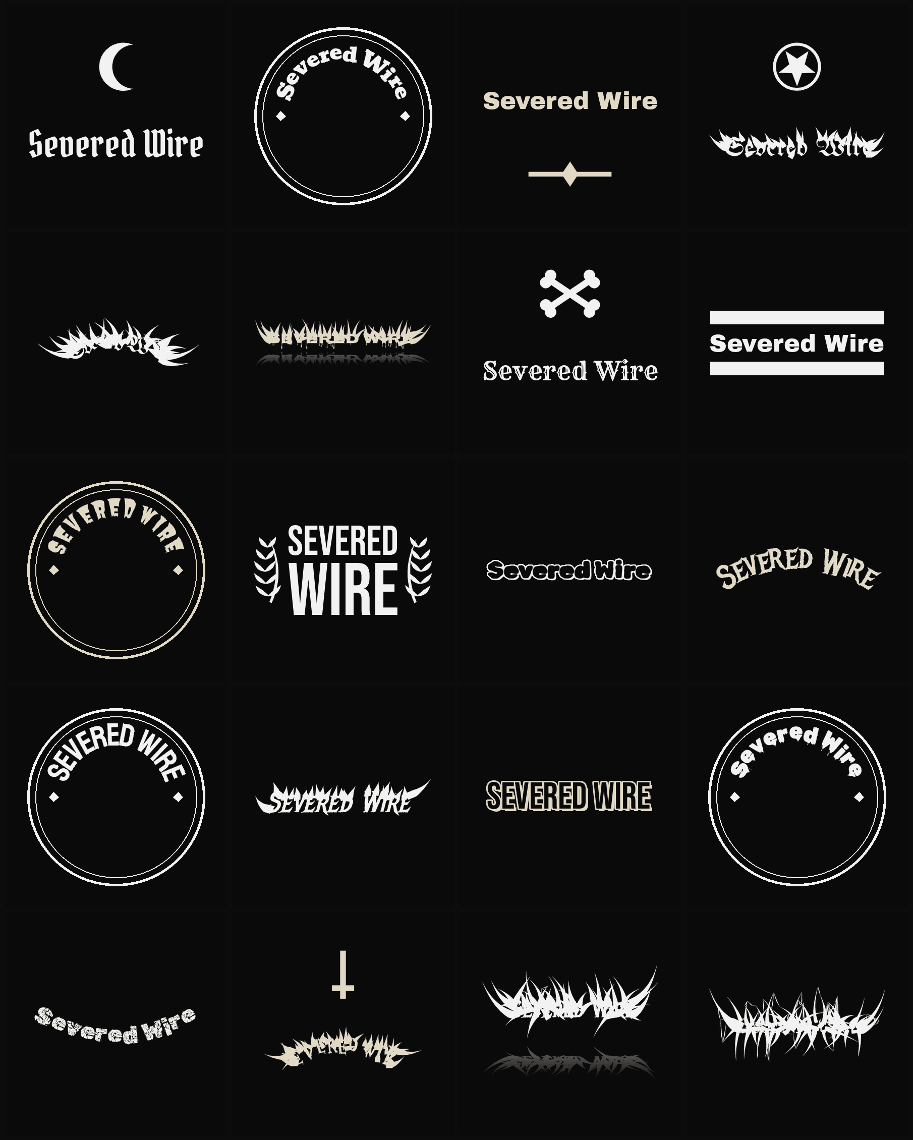 Twenty Severed Wire band logo ideas — different faces, treatments and spike settings