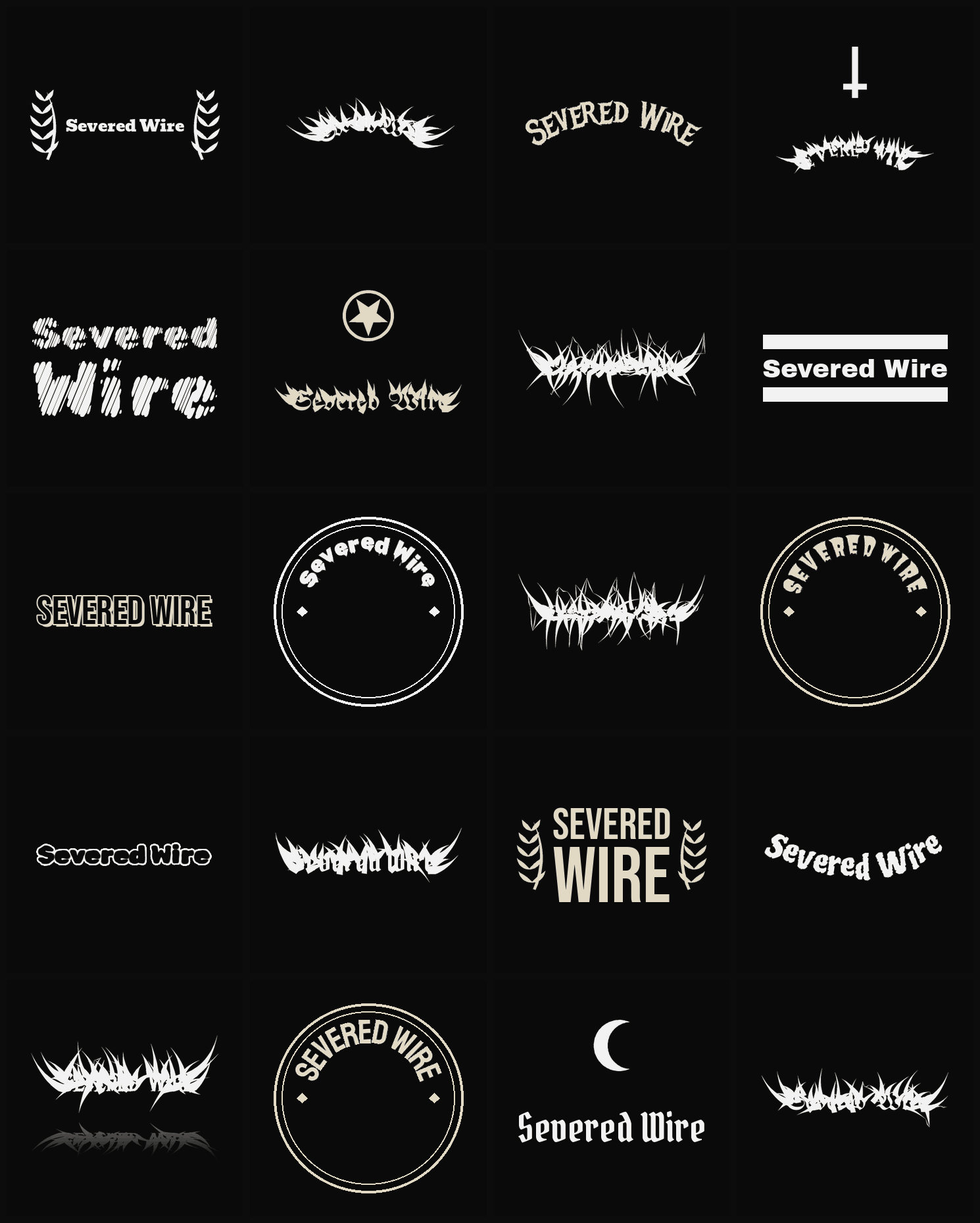 Twenty Severed Wire band logo ideas — different faces, treatments and spike settings