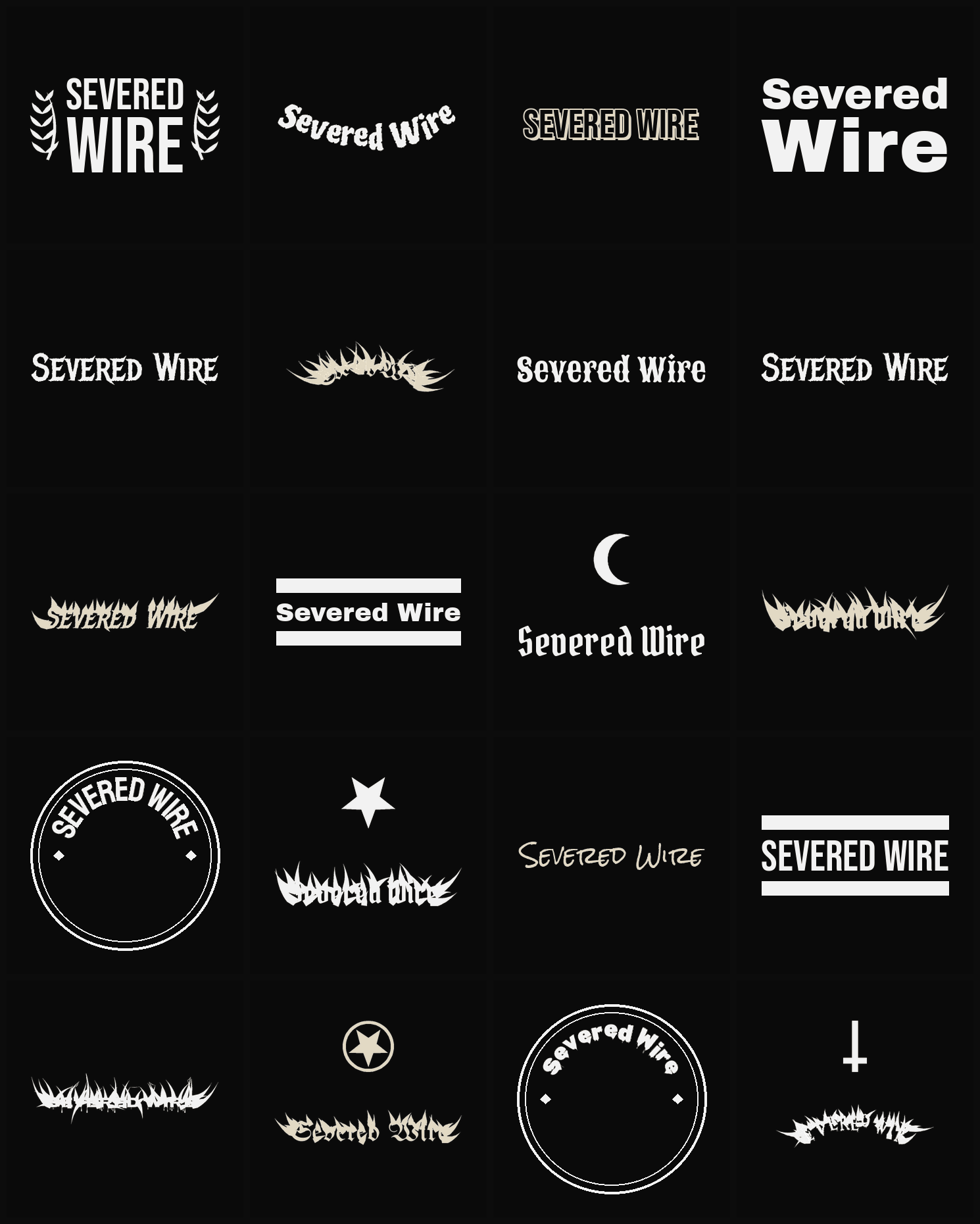 Twenty Severed Wire band logo ideas — different faces, treatments and spike settings