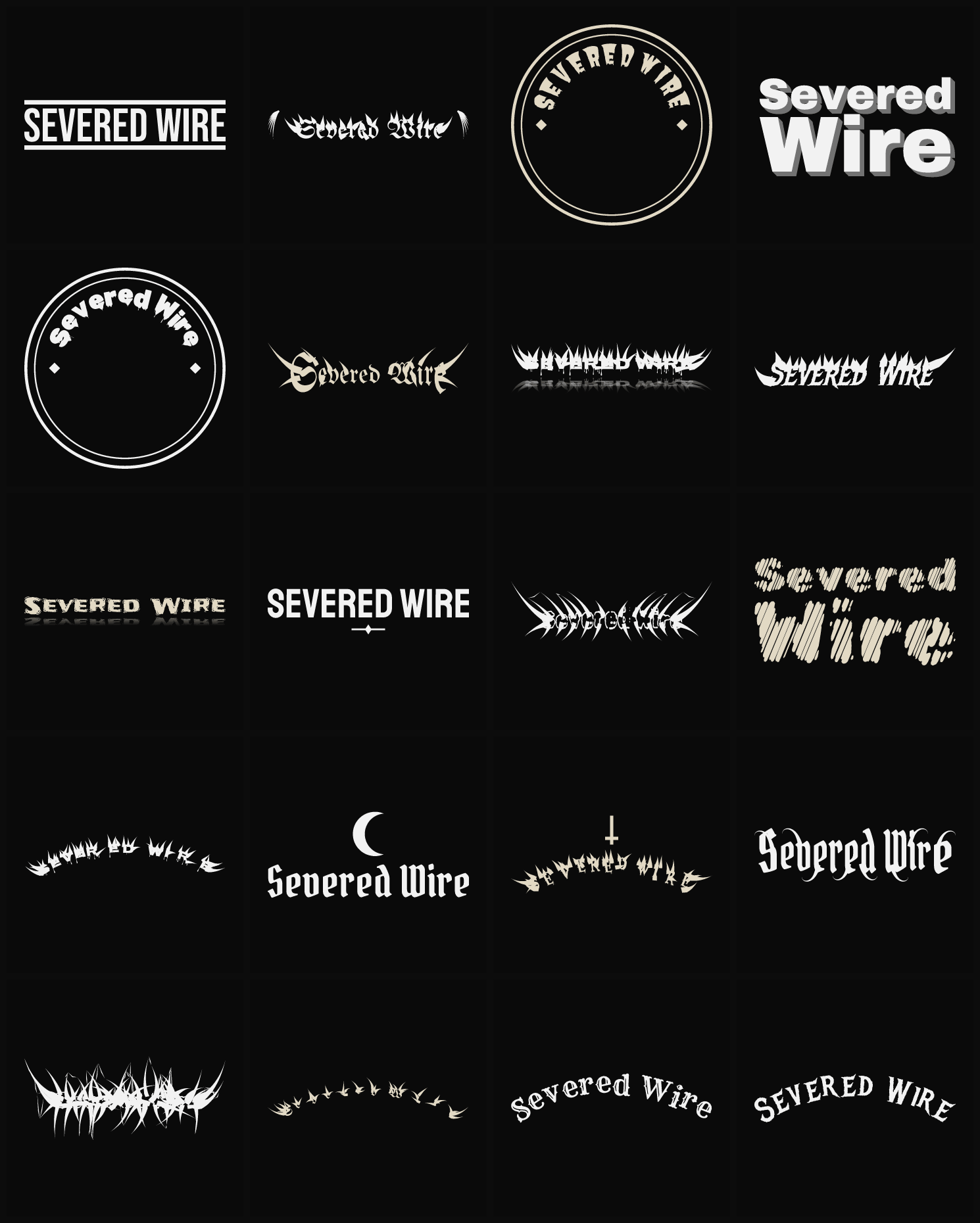 Twenty Severed Wire band logo ideas — different faces, treatments and spike settings