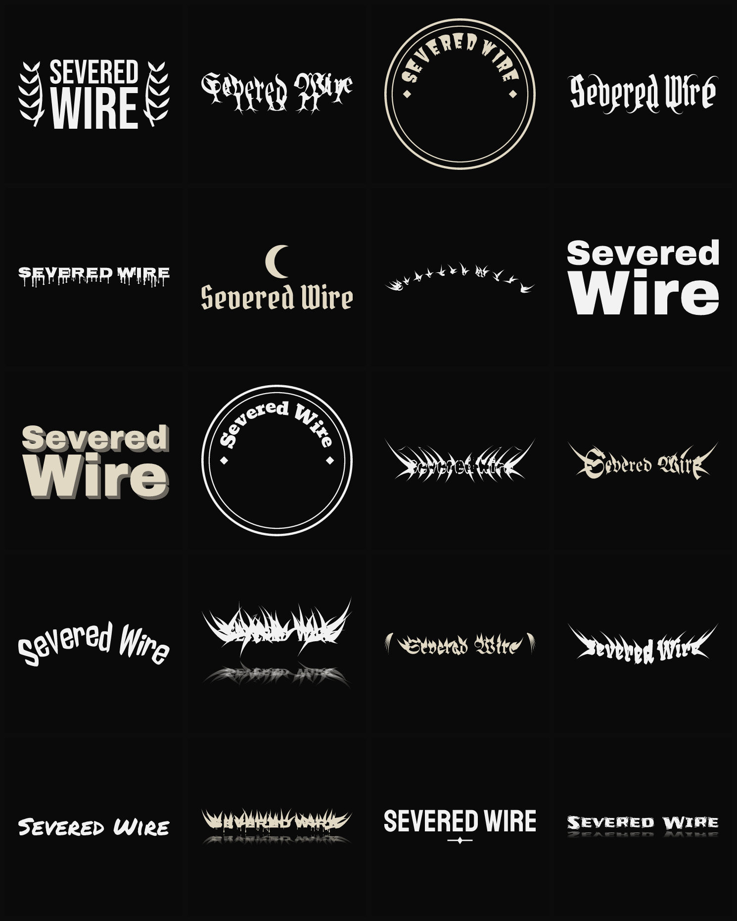 Twenty Severed Wire band logo ideas — different faces, treatments and spike settings