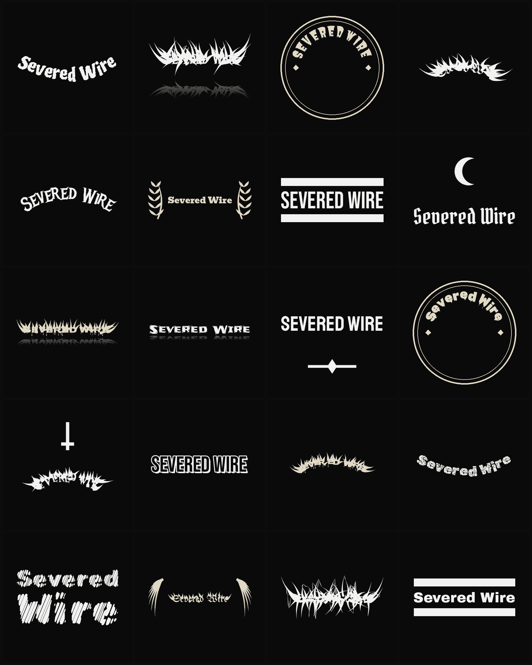 Twenty Severed Wire band logo ideas — different faces, treatments and spike settings