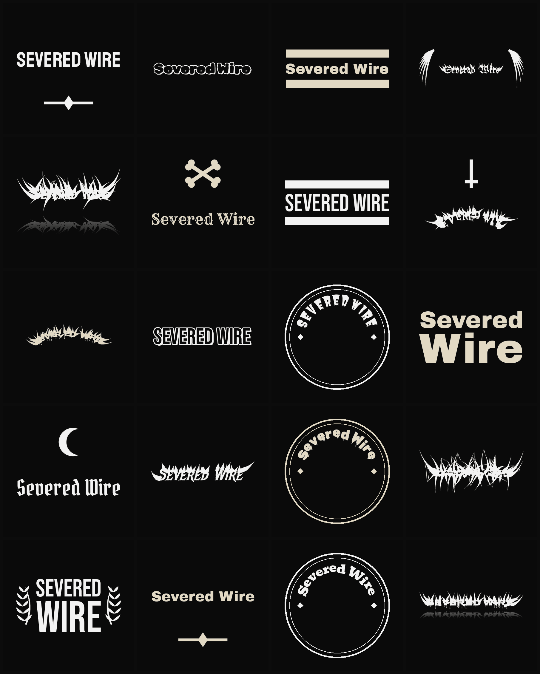 Twenty Severed Wire band logo ideas — different faces, treatments and spike settings