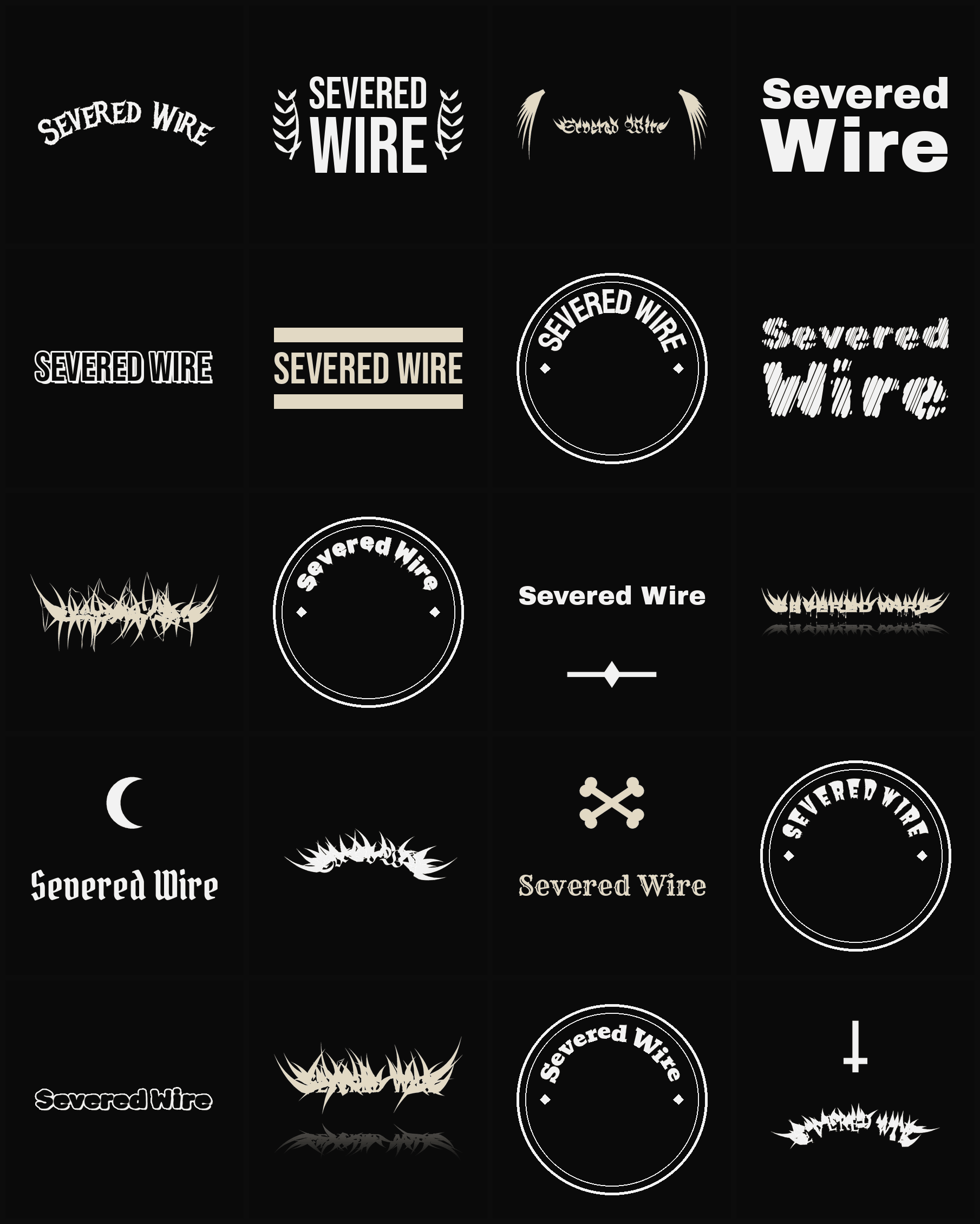 Twenty Severed Wire band logo ideas — different faces, treatments and spike settings