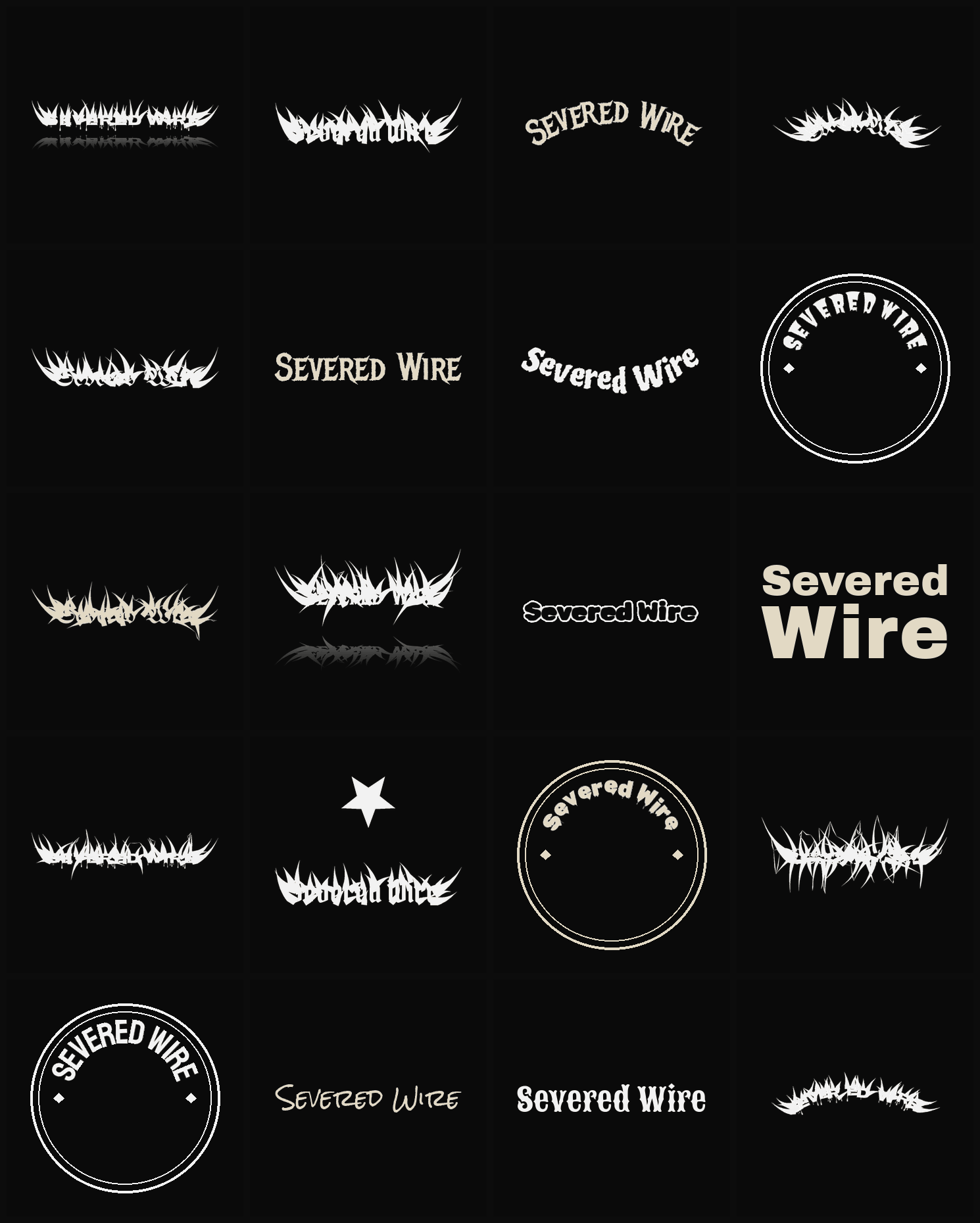 Twenty Severed Wire band logo ideas — different faces, treatments and spike settings