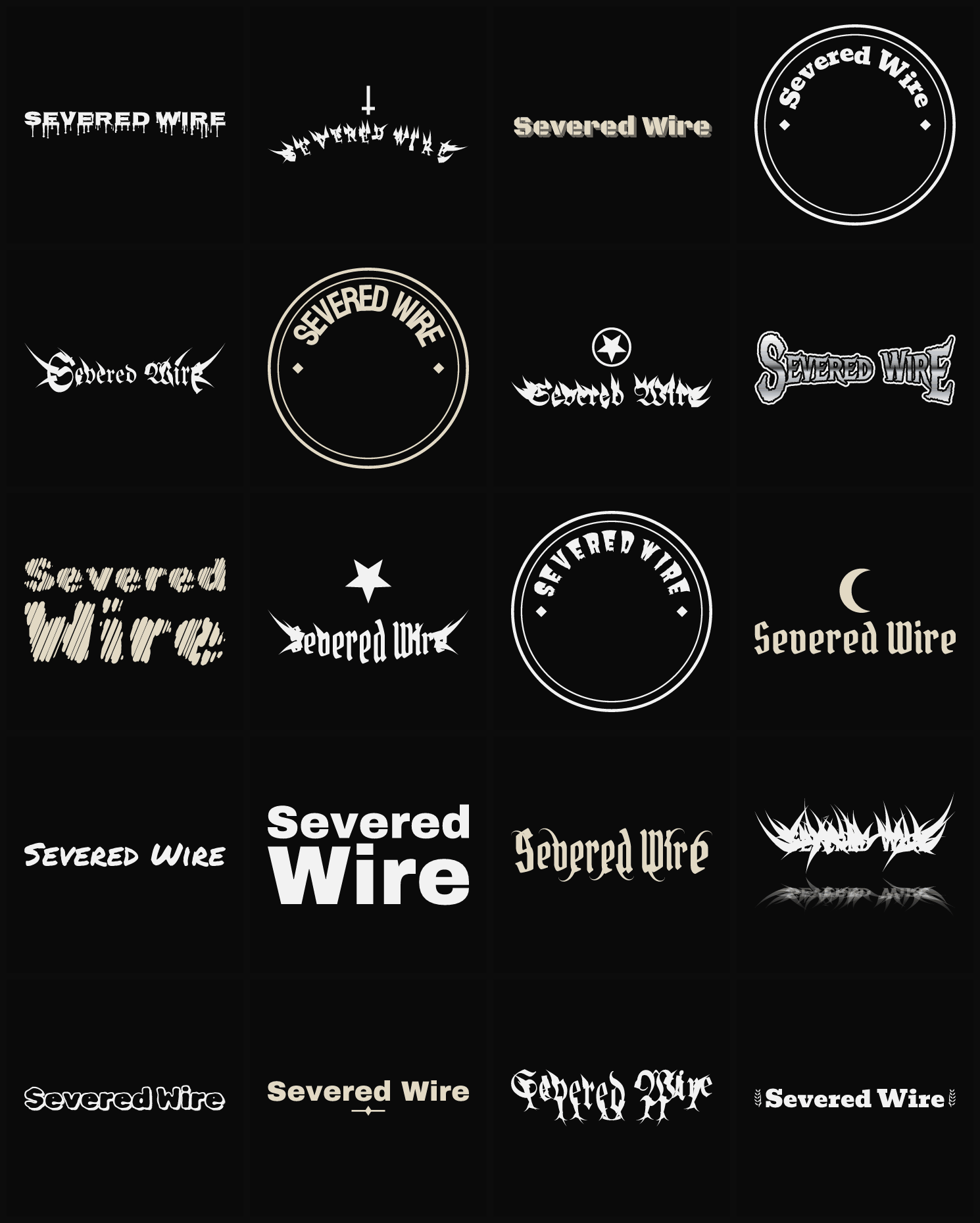 Twenty Severed Wire band logo ideas — different faces, treatments and spike settings