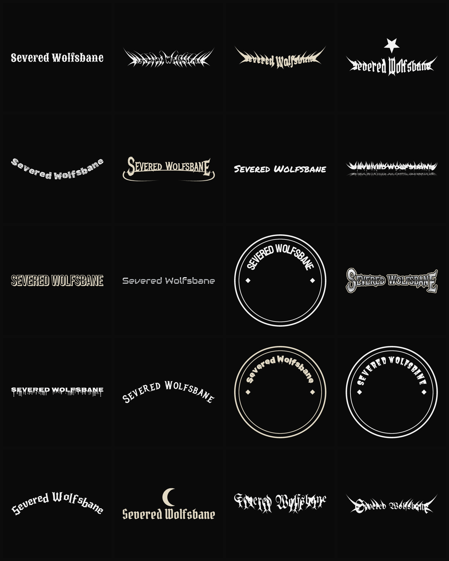 Twenty Severed Wolfsbane band logo ideas — different faces, treatments and spike settings