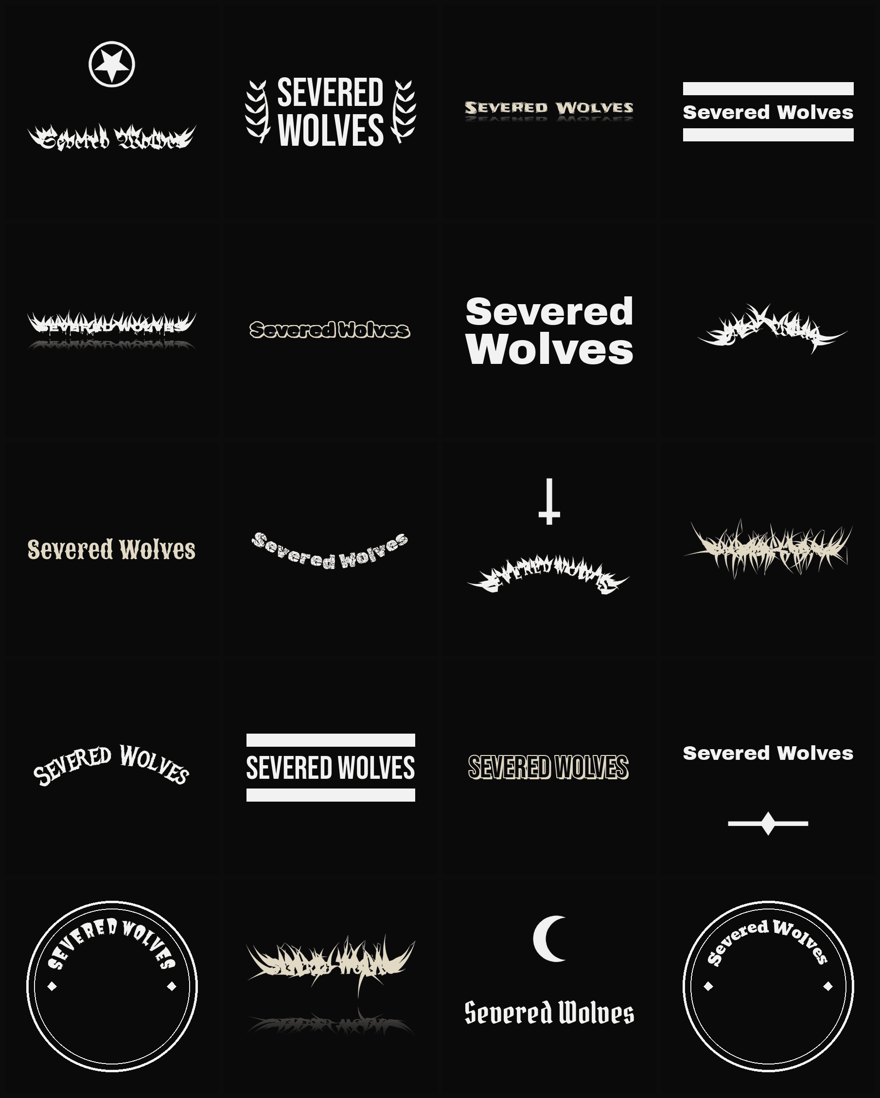 Twenty Severed Wolves band logo ideas — different faces, treatments and spike settings
