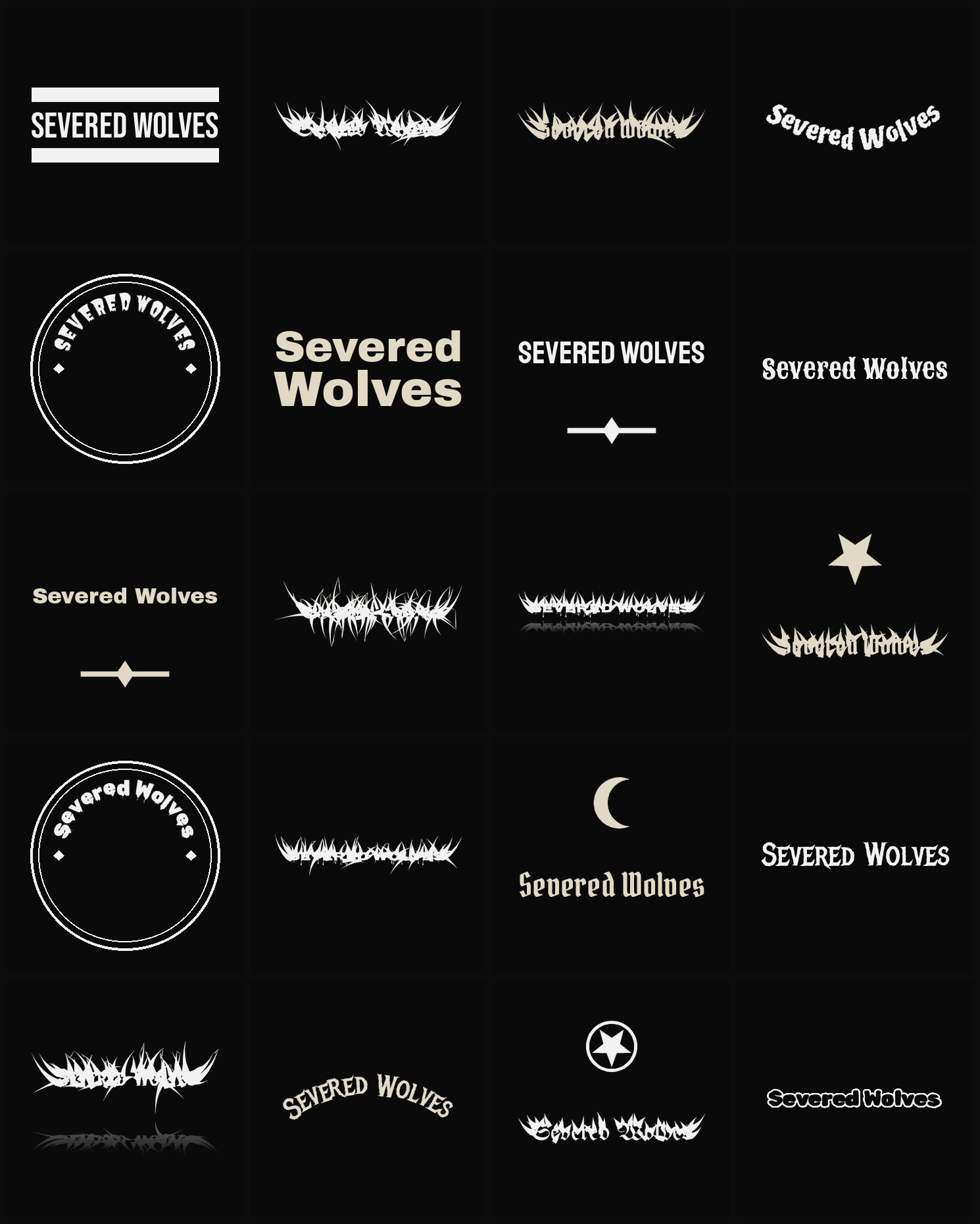 Twenty Severed Wolves band logo ideas — different faces, treatments and spike settings