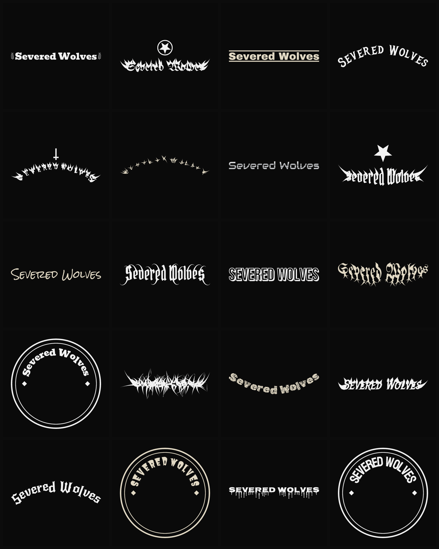 Twenty Severed Wolves band logo ideas — different faces, treatments and spike settings