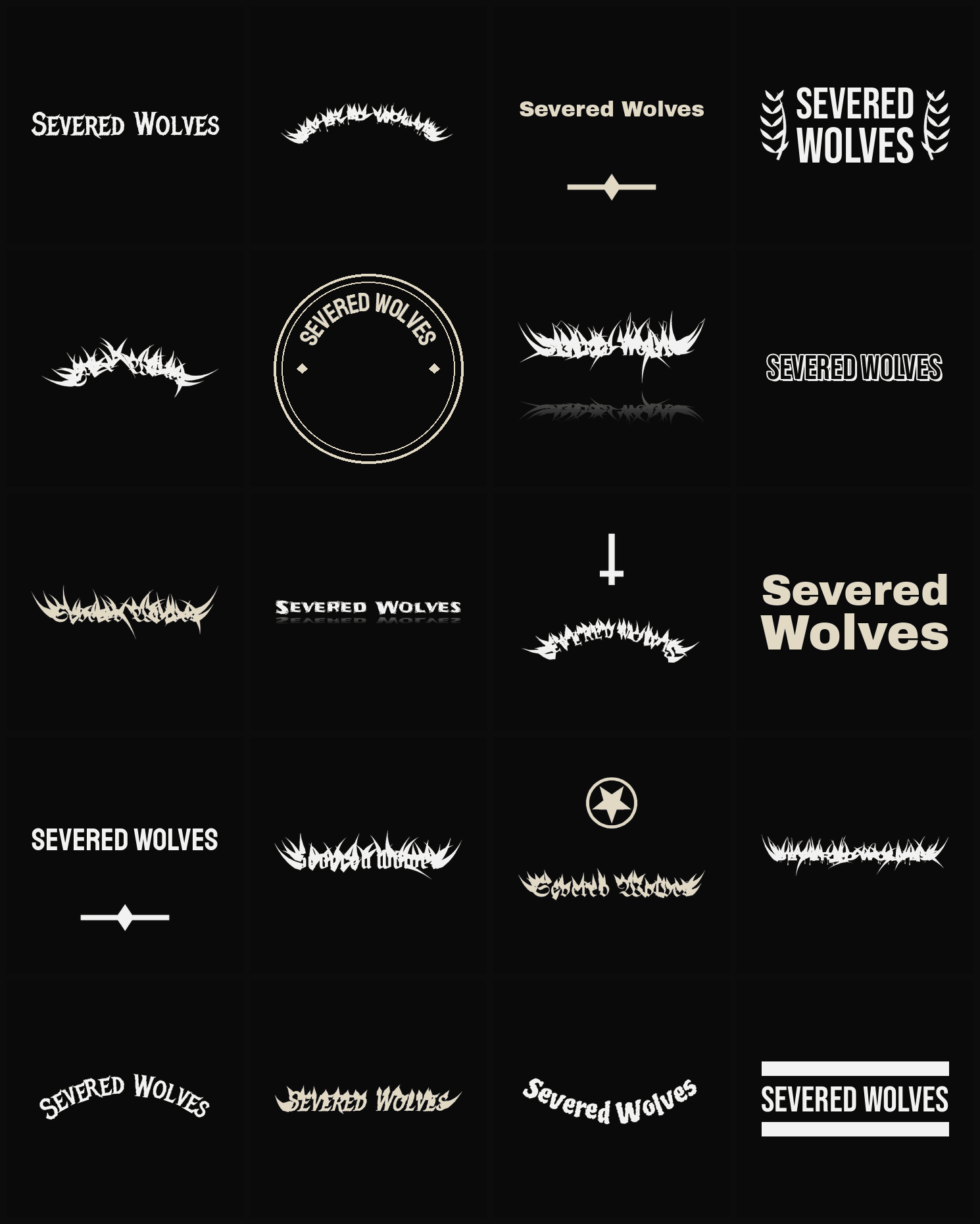 Twenty Severed Wolves band logo ideas — different faces, treatments and spike settings