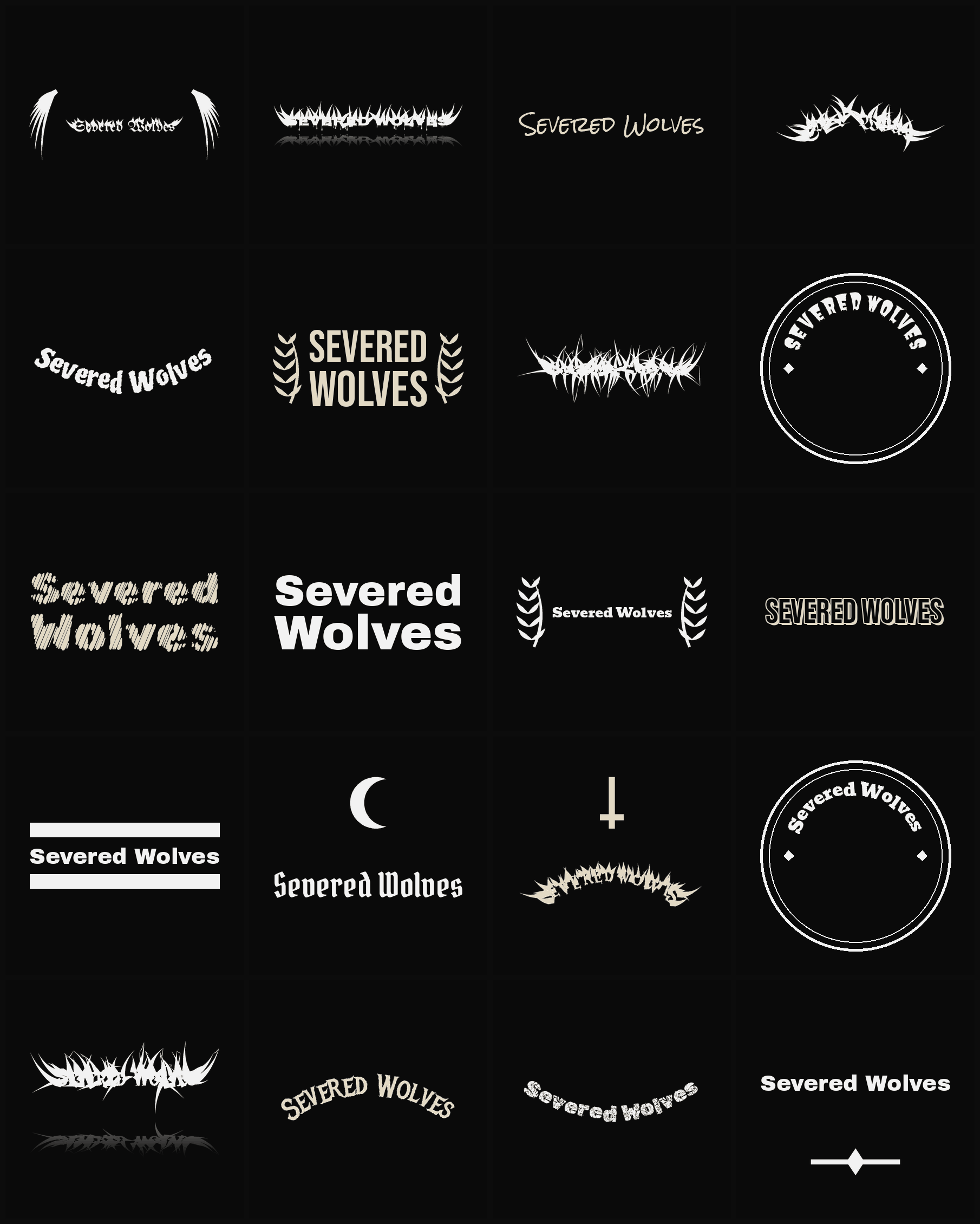 Twenty Severed Wolves band logo ideas — different faces, treatments and spike settings