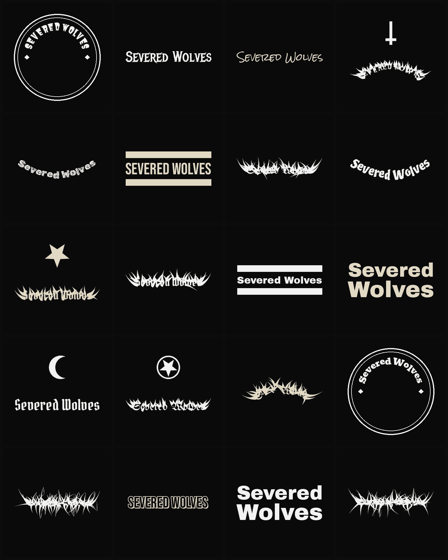 Twenty Severed Wolves band logo ideas — different faces, treatments and spike settings